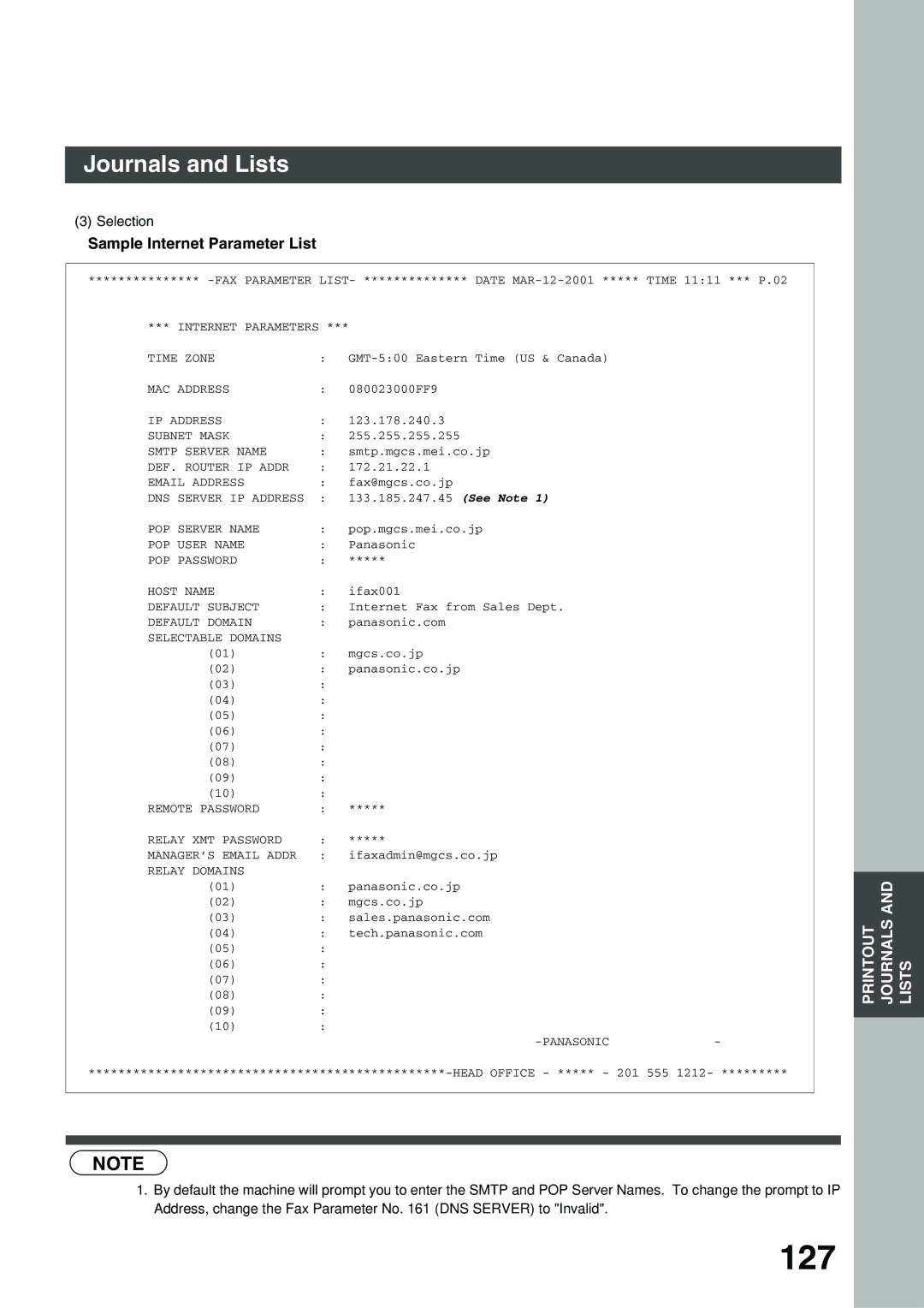 Panasonic 3000 warranty 127, Sample Internet Parameter List 