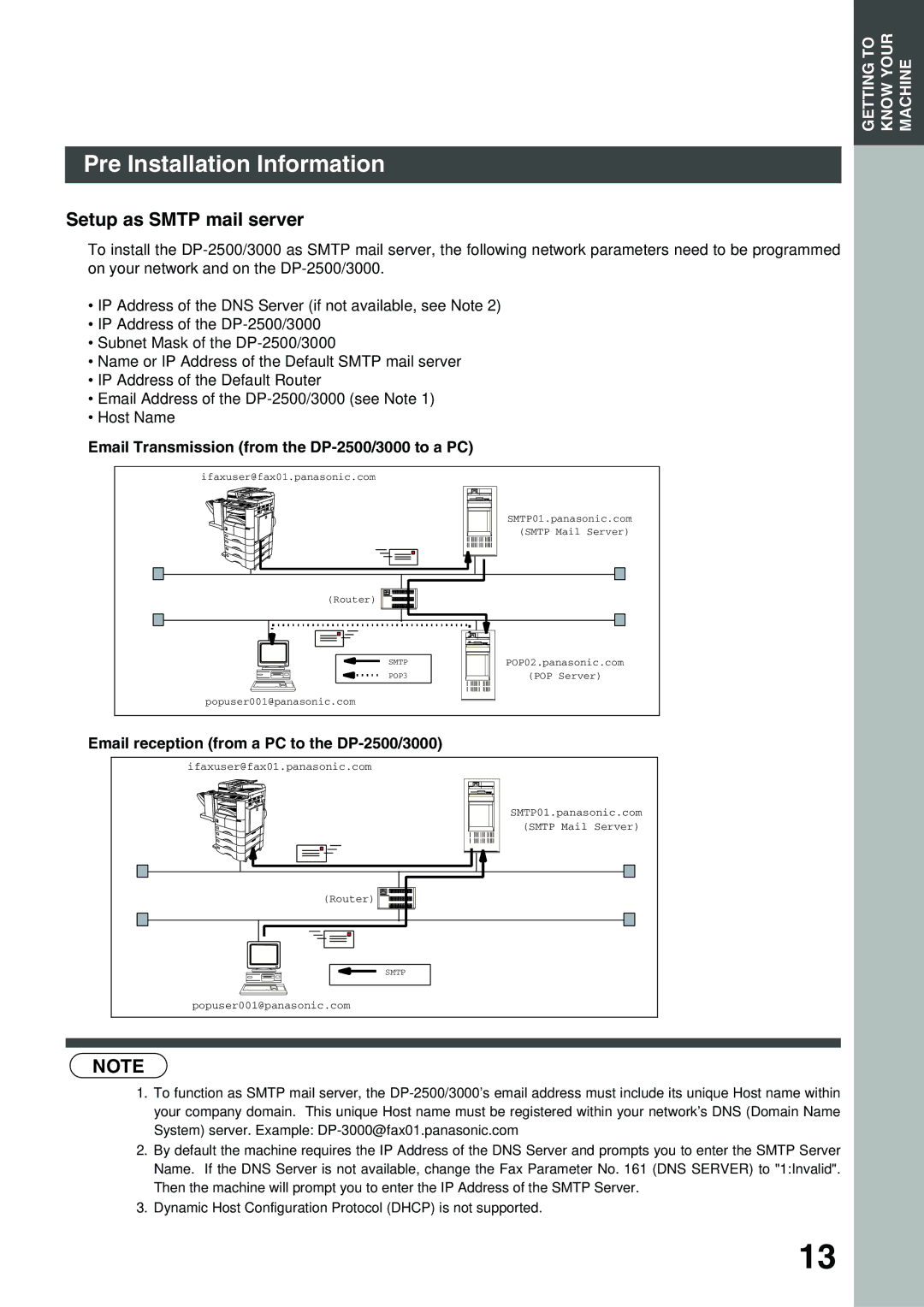 Panasonic warranty Setup as Smtp mail server, Email Transmission from the DP-2500/3000 to a PC 