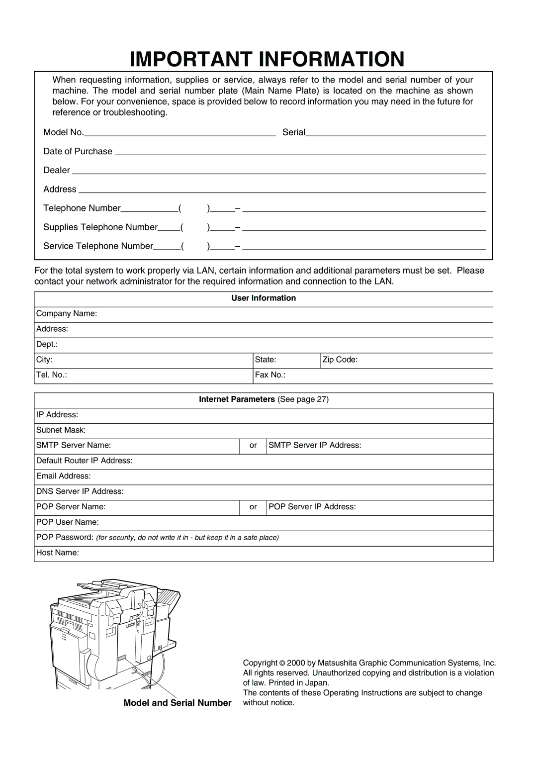 Panasonic 3000 warranty Important Information 