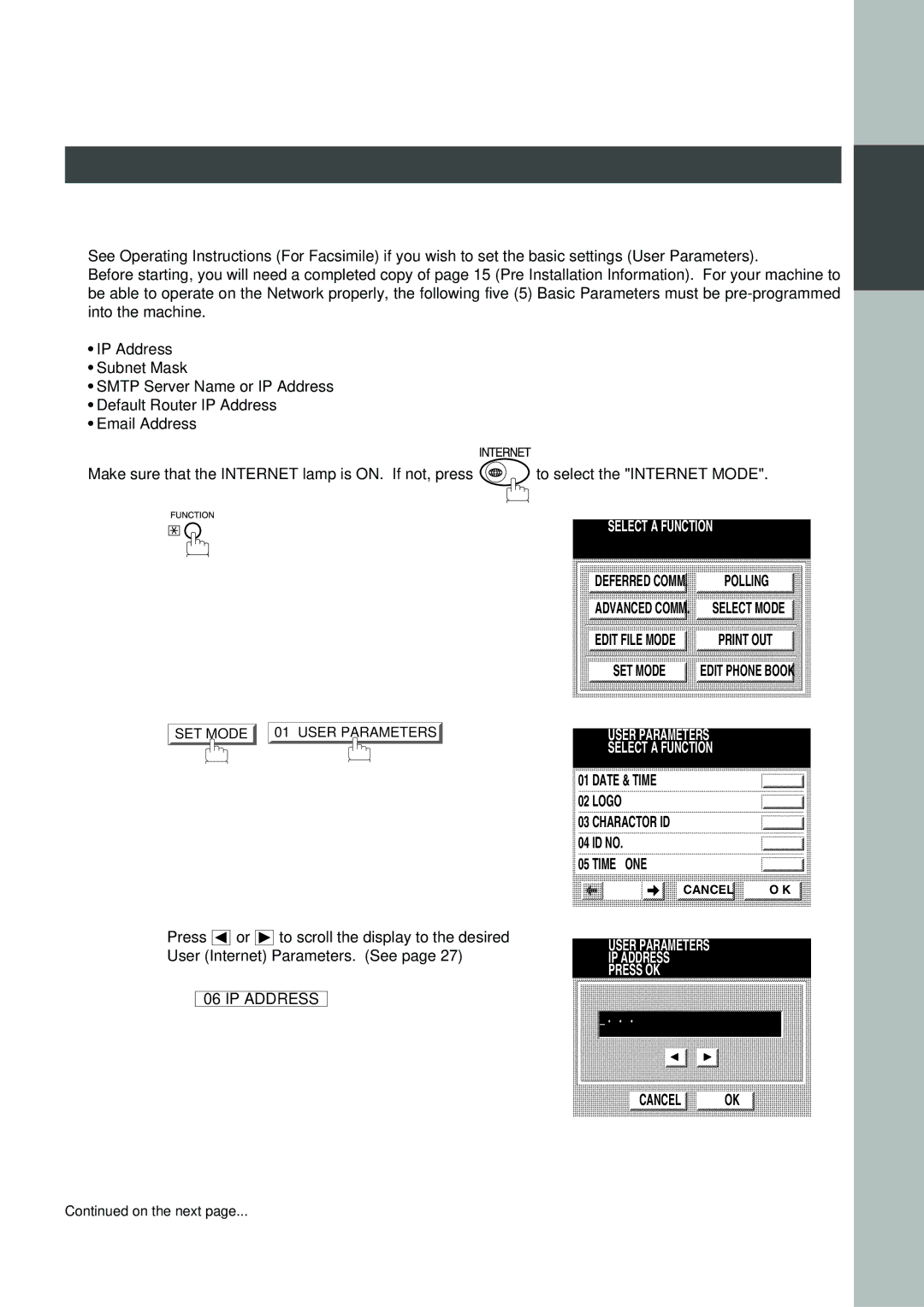 Panasonic 3000 warranty User Parameters, Setting the User Internet Parameters 