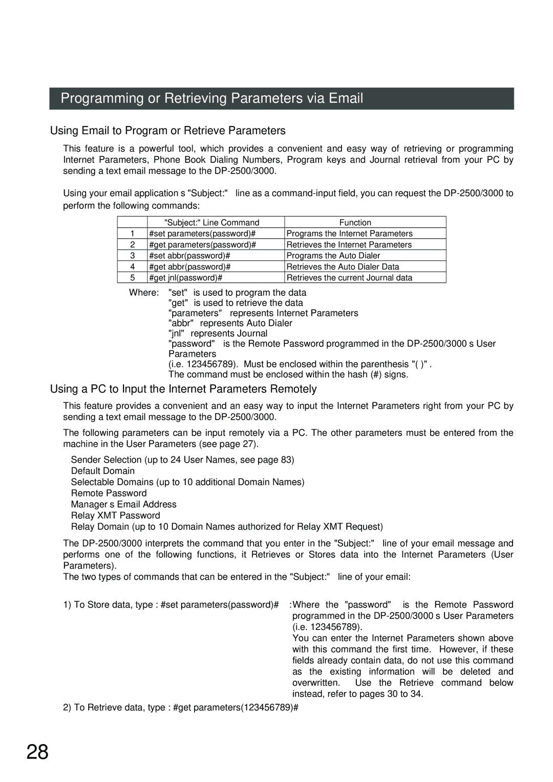 Panasonic 3000 warranty Programming or Retrieving Parameters via Email, Using Email to Program or Retrieve Parameters 