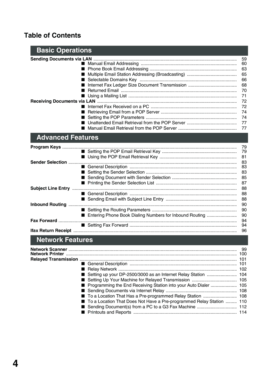 Panasonic 3000 warranty Basic Operations, Advanced Features, Network Features, Table of Contents 