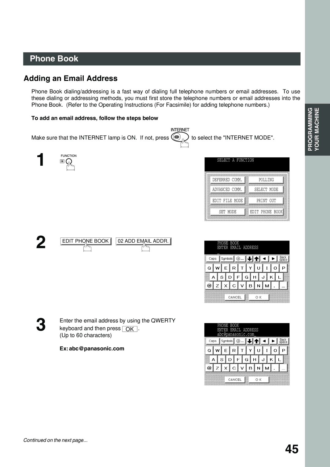 Panasonic 3000 Phone Book, Adding an Email Address, To add an email address, follow the steps below, Ex abc@panasonic.com 