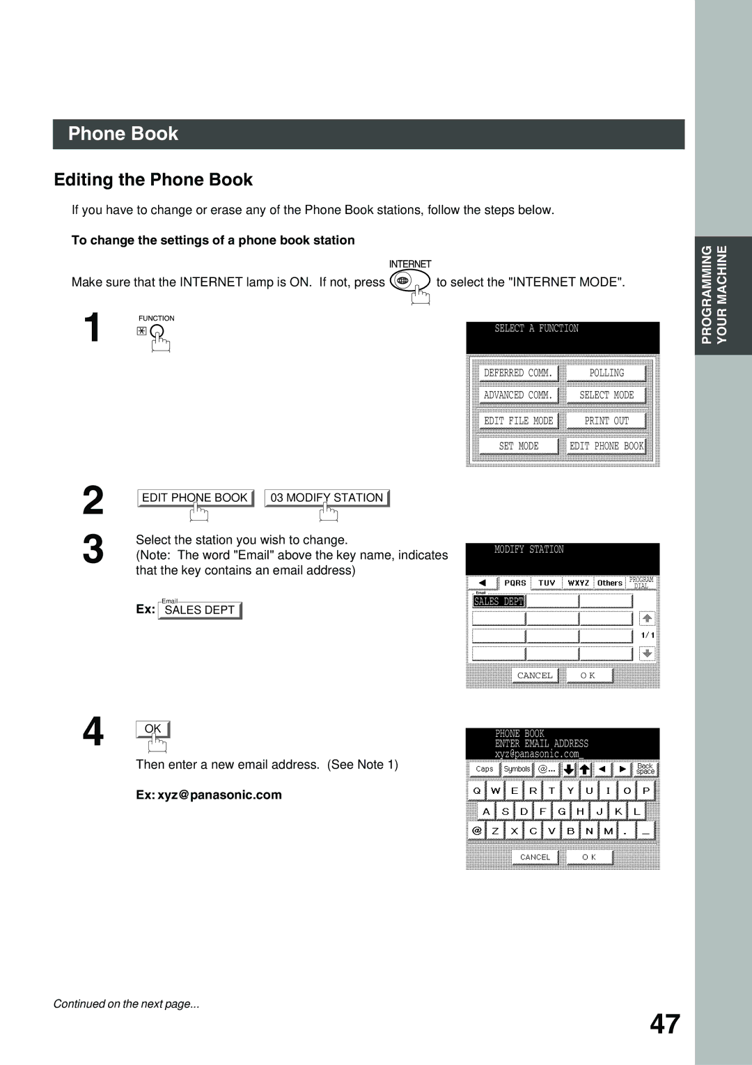 Panasonic 3000 warranty Editing the Phone Book, To change the settings of a phone book station, Ex xyz@panasonic.com 