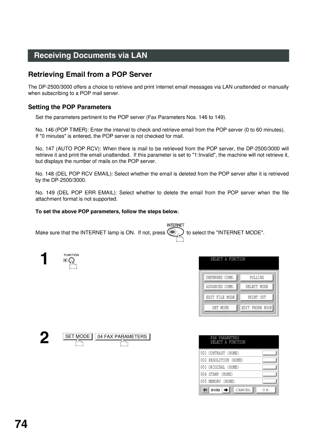 Panasonic 3000 warranty Retrieving Email from a POP Server, Setting the POP Parameters 