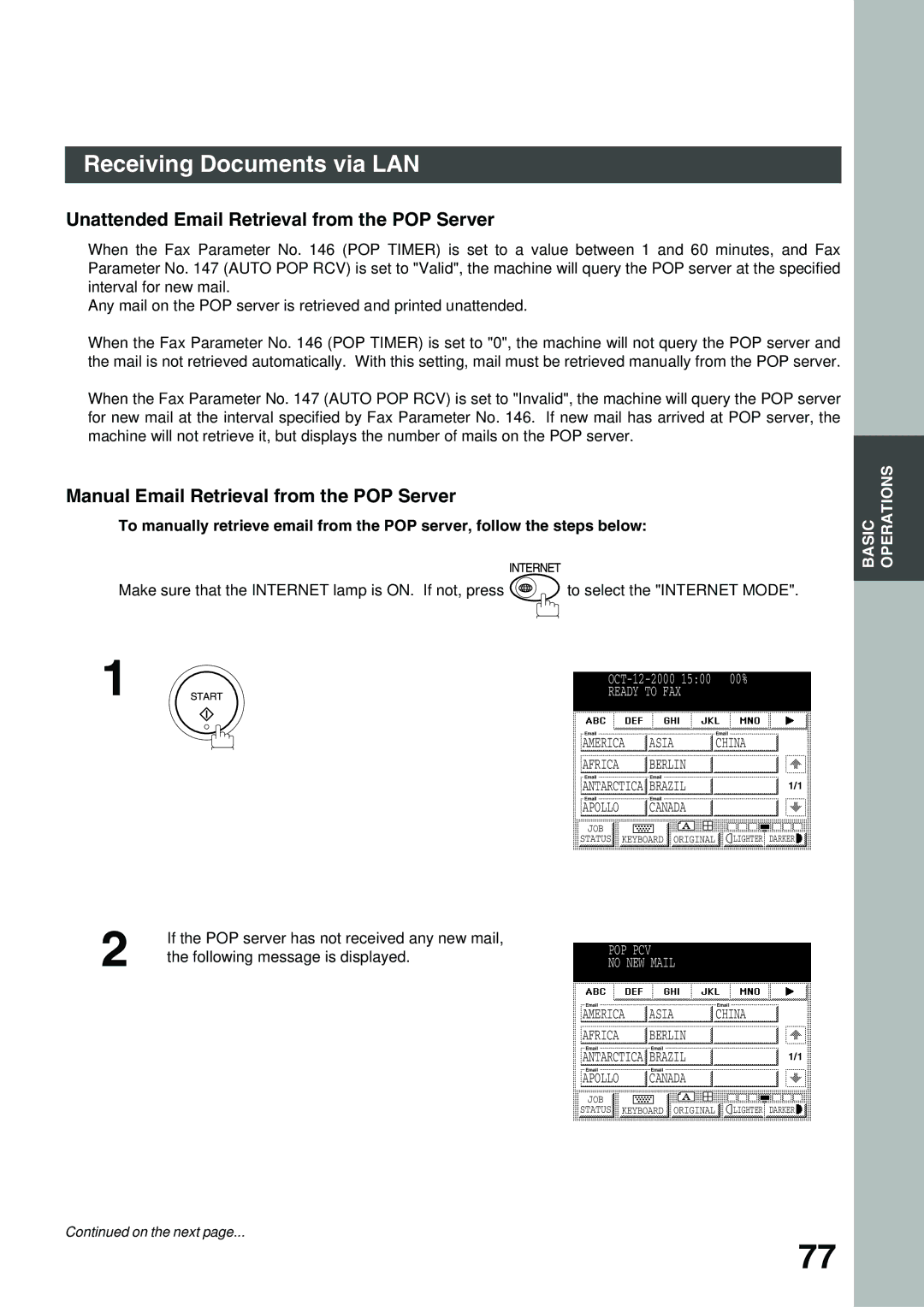 Panasonic 3000 warranty Unattended Email Retrieval from the POP Server, Manual Email Retrieval from the POP Server 