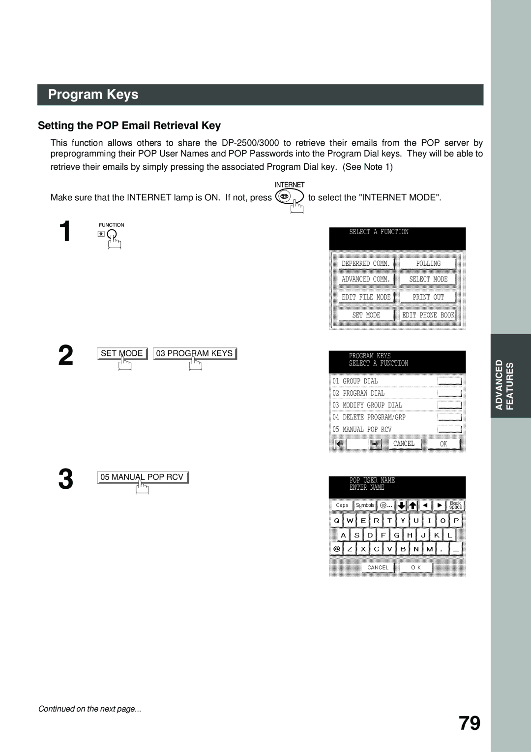 Panasonic 3000 warranty Program Keys, Setting the POP Email Retrieval Key 