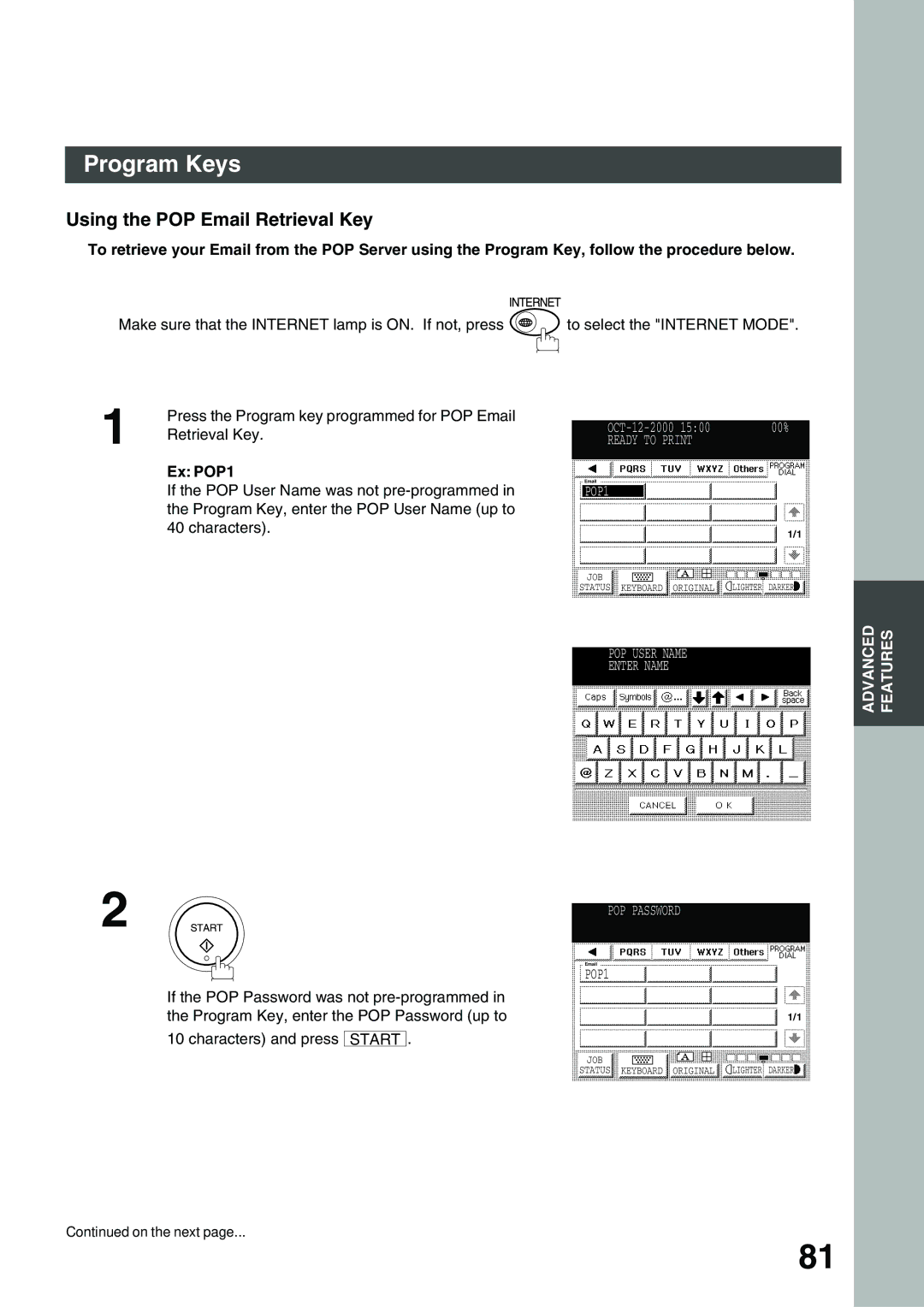 Panasonic 3000 warranty Using the POP Email Retrieval Key, Ex POP1 