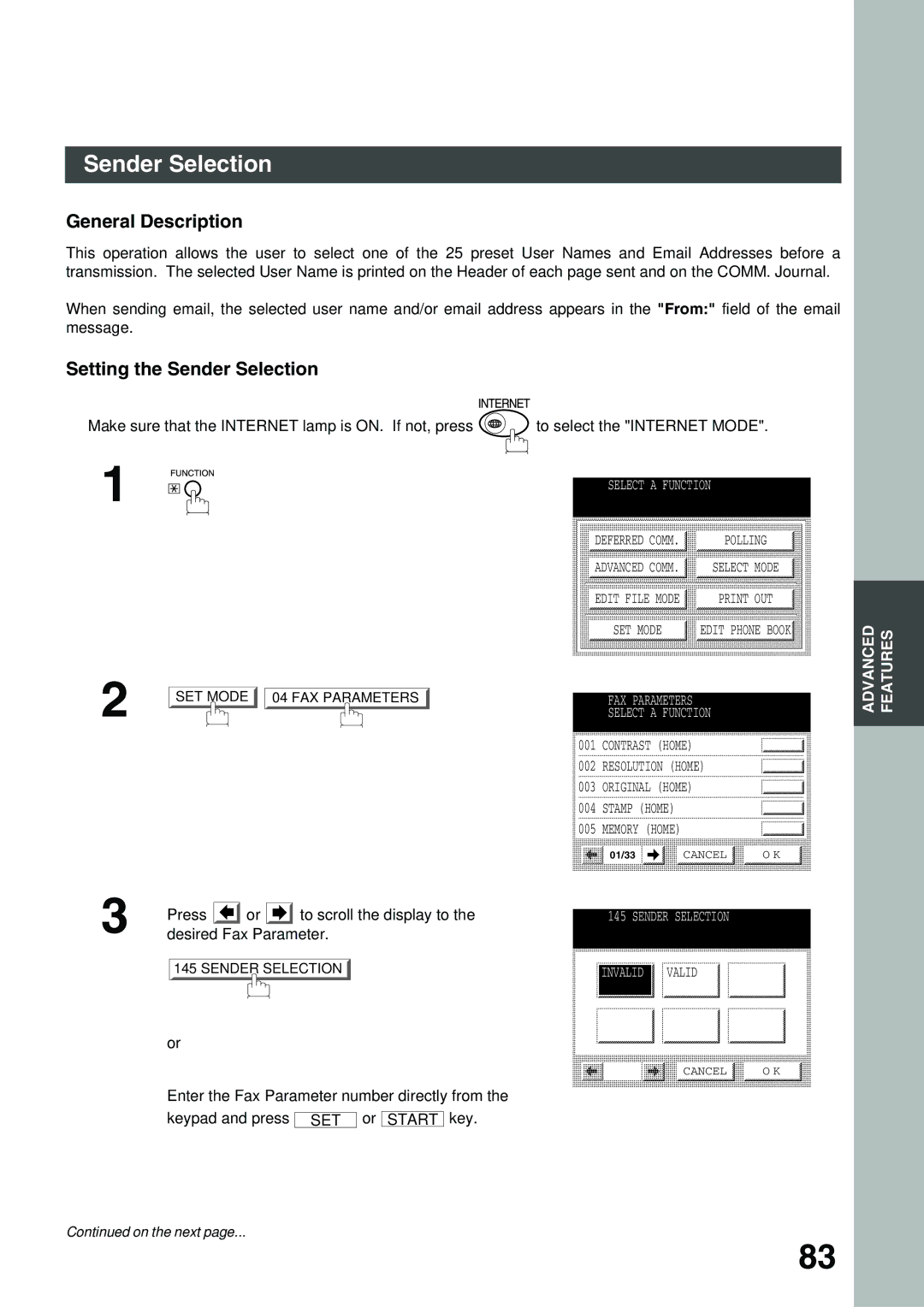 Panasonic 3000 warranty General Description, Setting the Sender Selection 