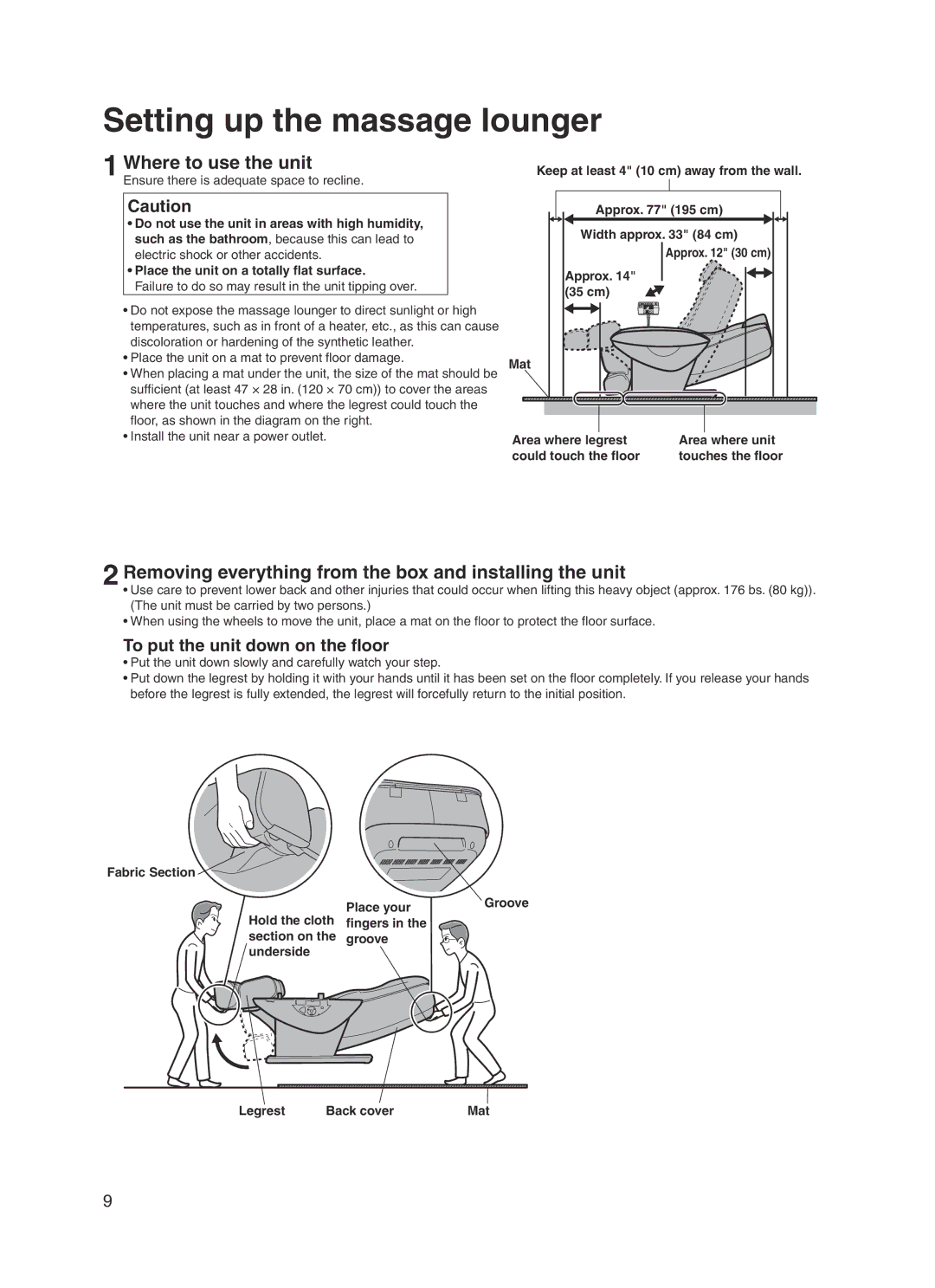 Panasonic 30003 manual Setting up the massage lounger, Where to use the unit, To put the unit down on the floor 