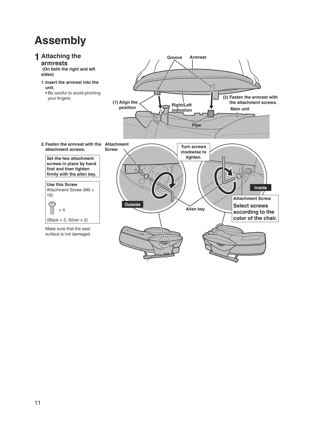 Panasonic 30003 manual Assembly, Attachingarmrests, Attachment Screw 