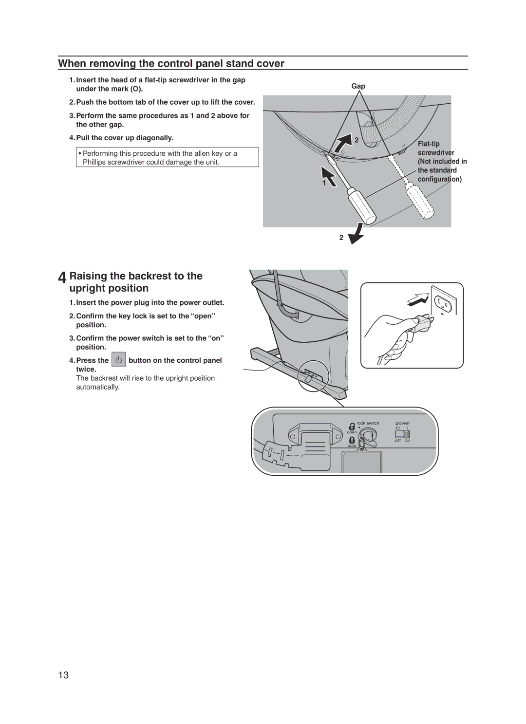 Panasonic 30003 manual When removing the control panel stand cover, Raising the backrest to the upright position, Standard 