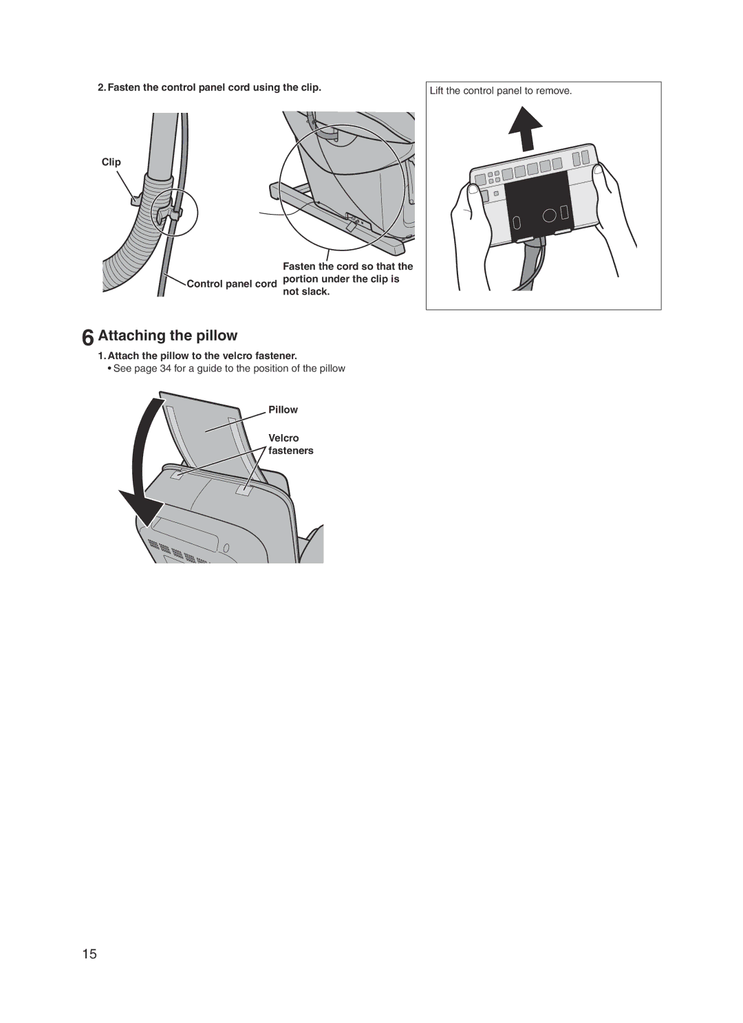 Panasonic 30003 manual Attaching the pillow, Attach the pillow to the velcro fastener, Pillow Velcro fasteners 