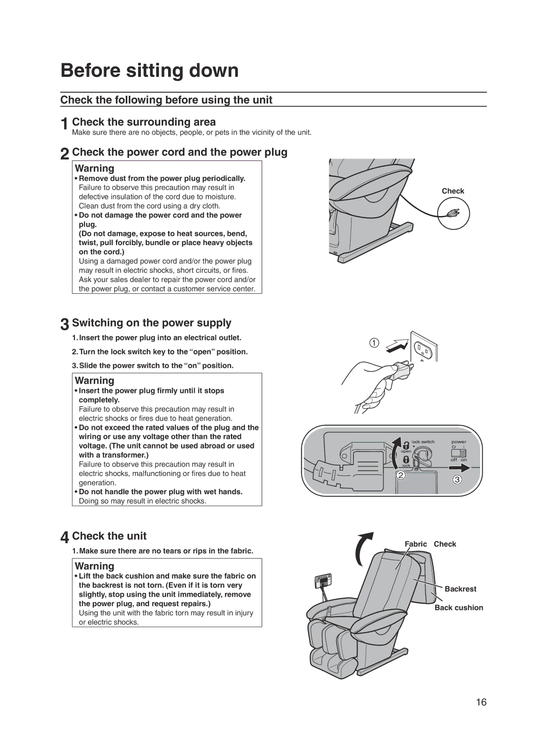 Panasonic 30003 manual Before sitting down, Check the power cord and the power plug, Switching on the power supply 