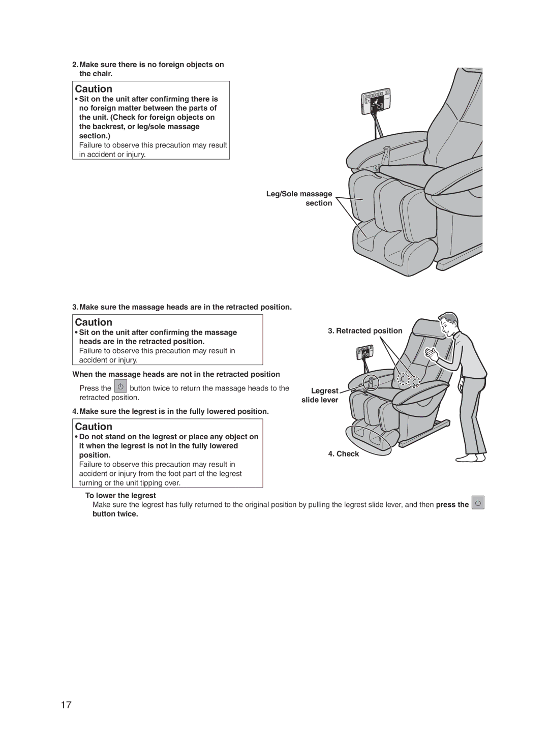 Panasonic 30003 manual When the massage heads are not in the retracted position 