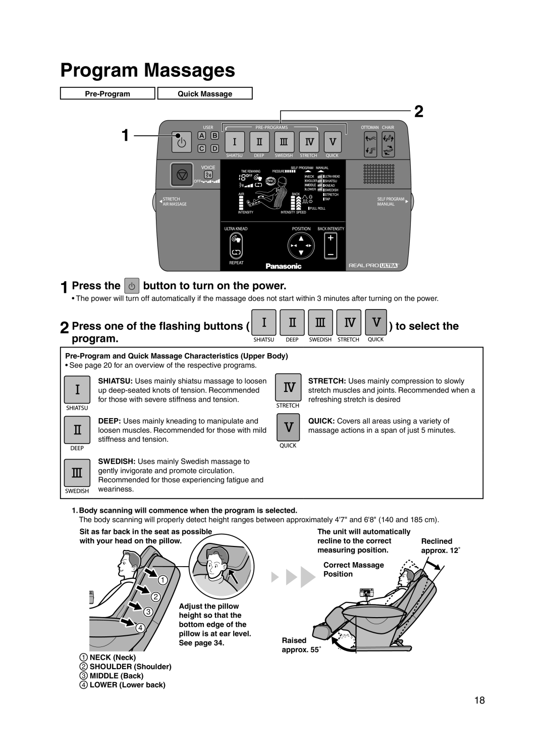 Panasonic 30003 manual Program Massages, Press the button to turn on the power 