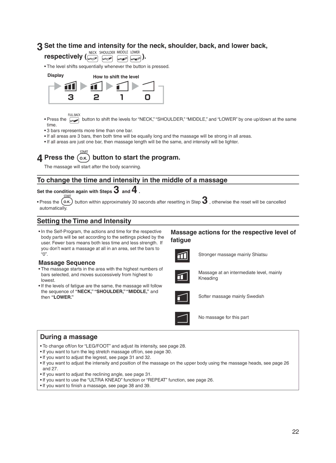 Panasonic 30003 manual Press the button to start the program, To change the time and intensity in the middle of a massage 