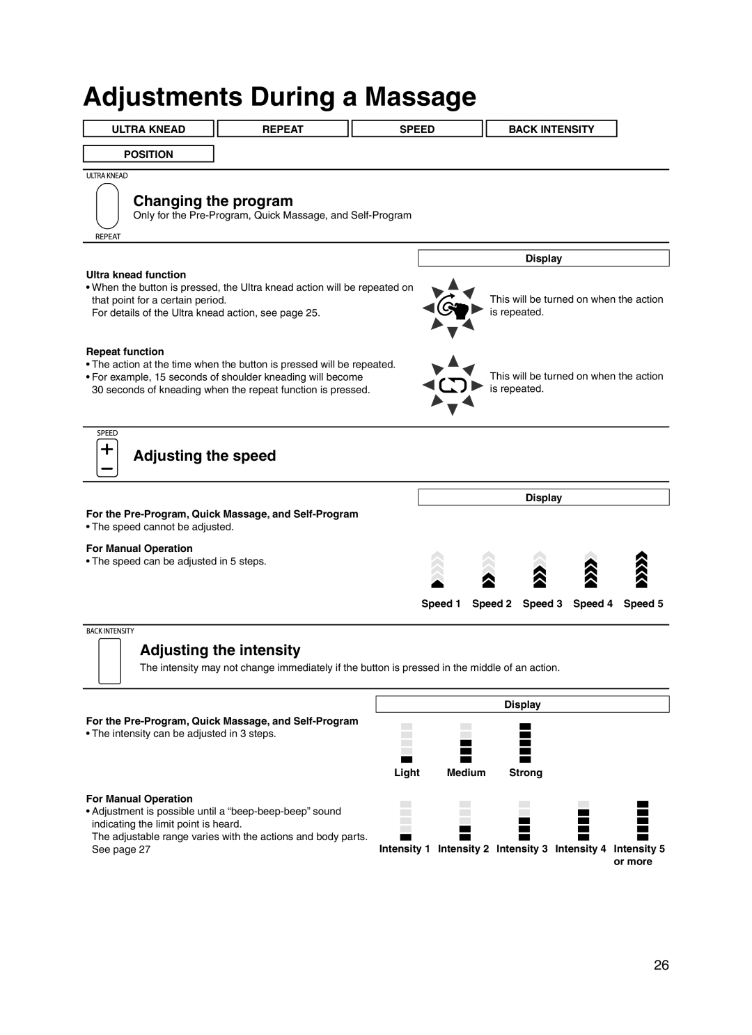 Panasonic 30003 manual Adjustments During a Massage, Changing the program, Adjusting the speed, Adjusting the intensity 