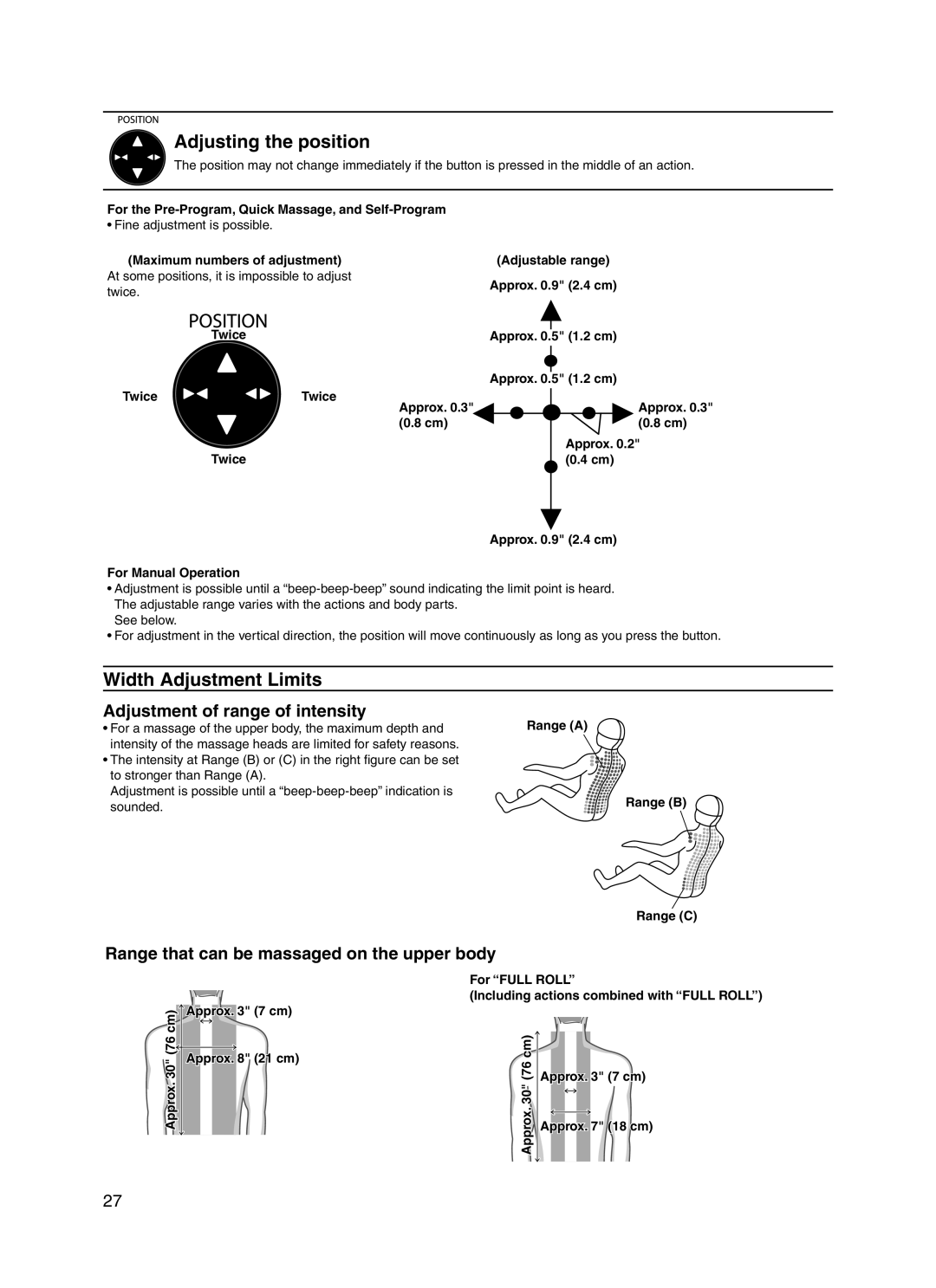 Panasonic 30003 manual Adjusting the position, Width Adjustment Limits, Adjustment of range of intensity 