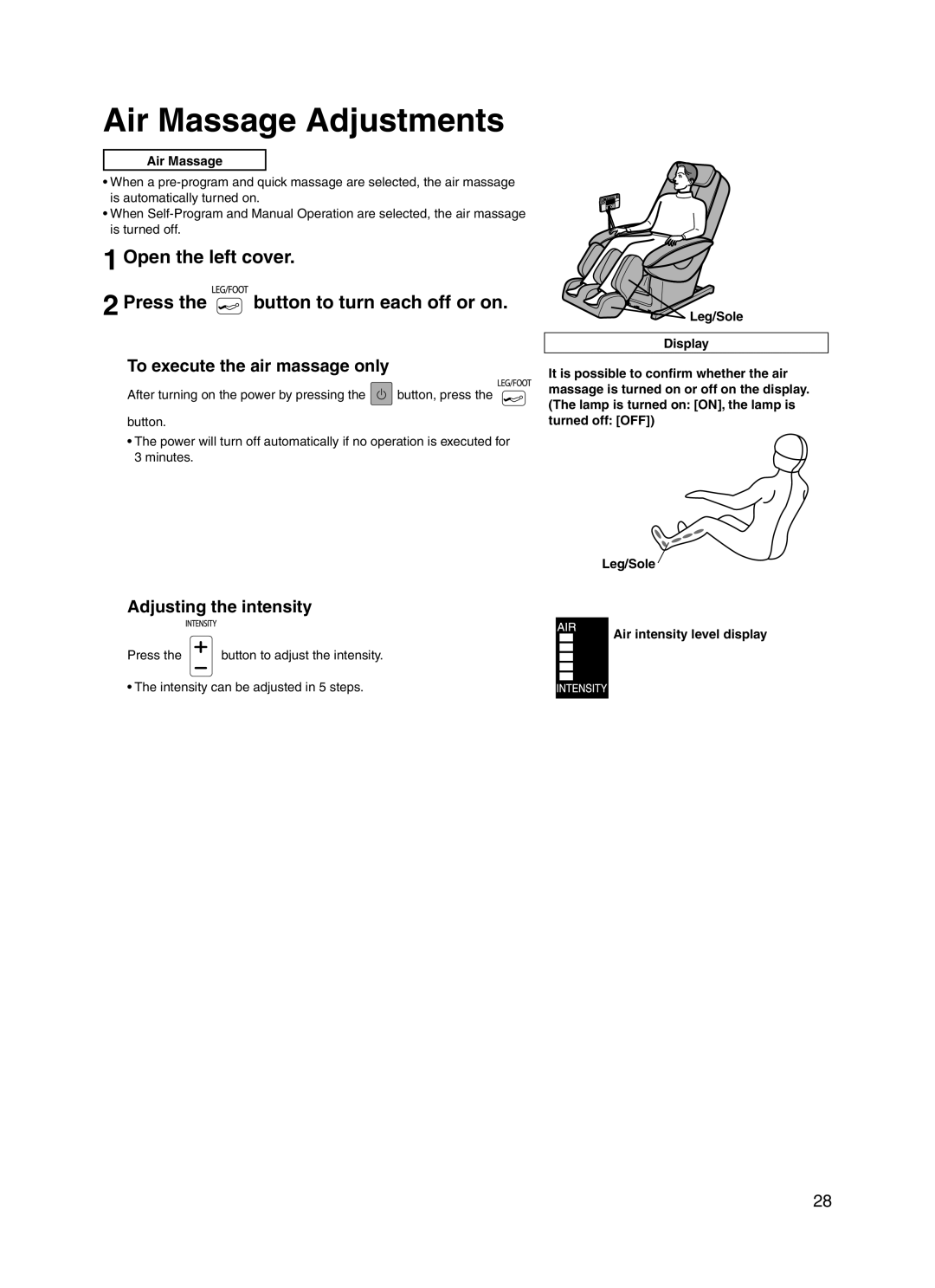 Panasonic 30003 manual Air Massage Adjustments, Open the left cover Press the button to turn each off or on 