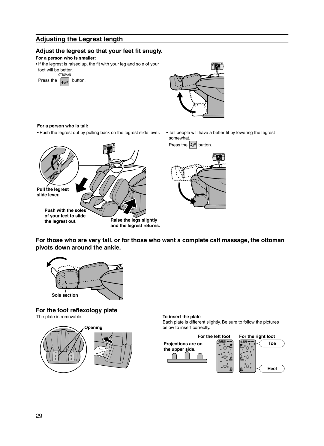 Panasonic 30003 manual Adjusting the Legrest length, Adjust the legrest so that your feet fit snugly 