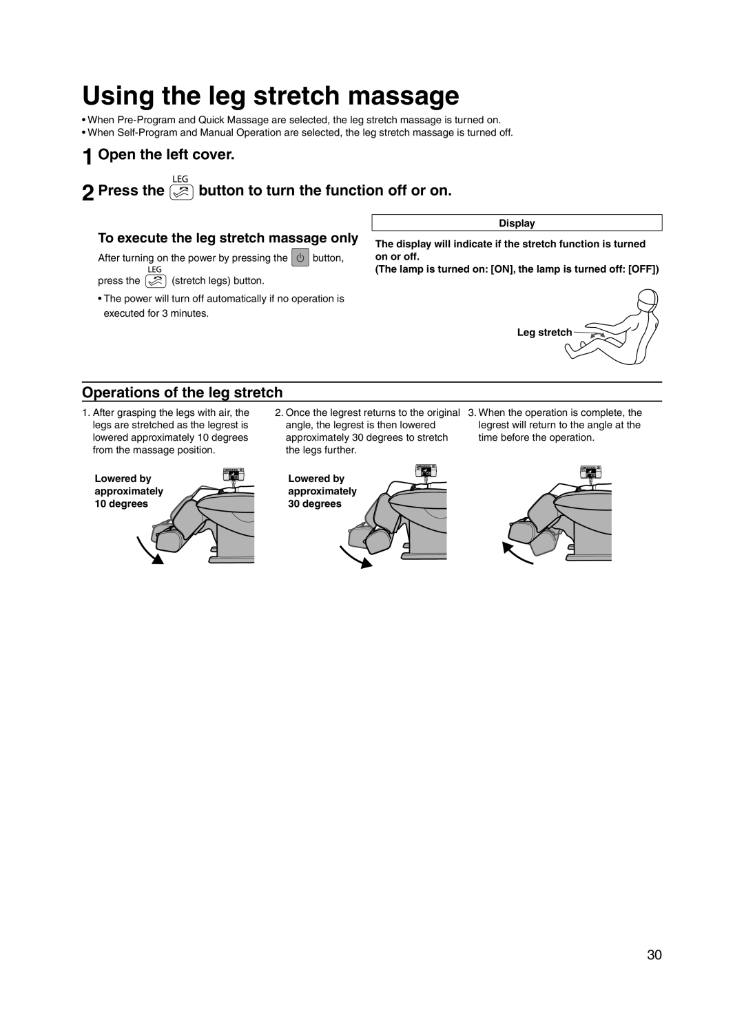 Panasonic 30003 Using the leg stretch massage, Operations of the leg stretch, To execute the leg stretch massage only 