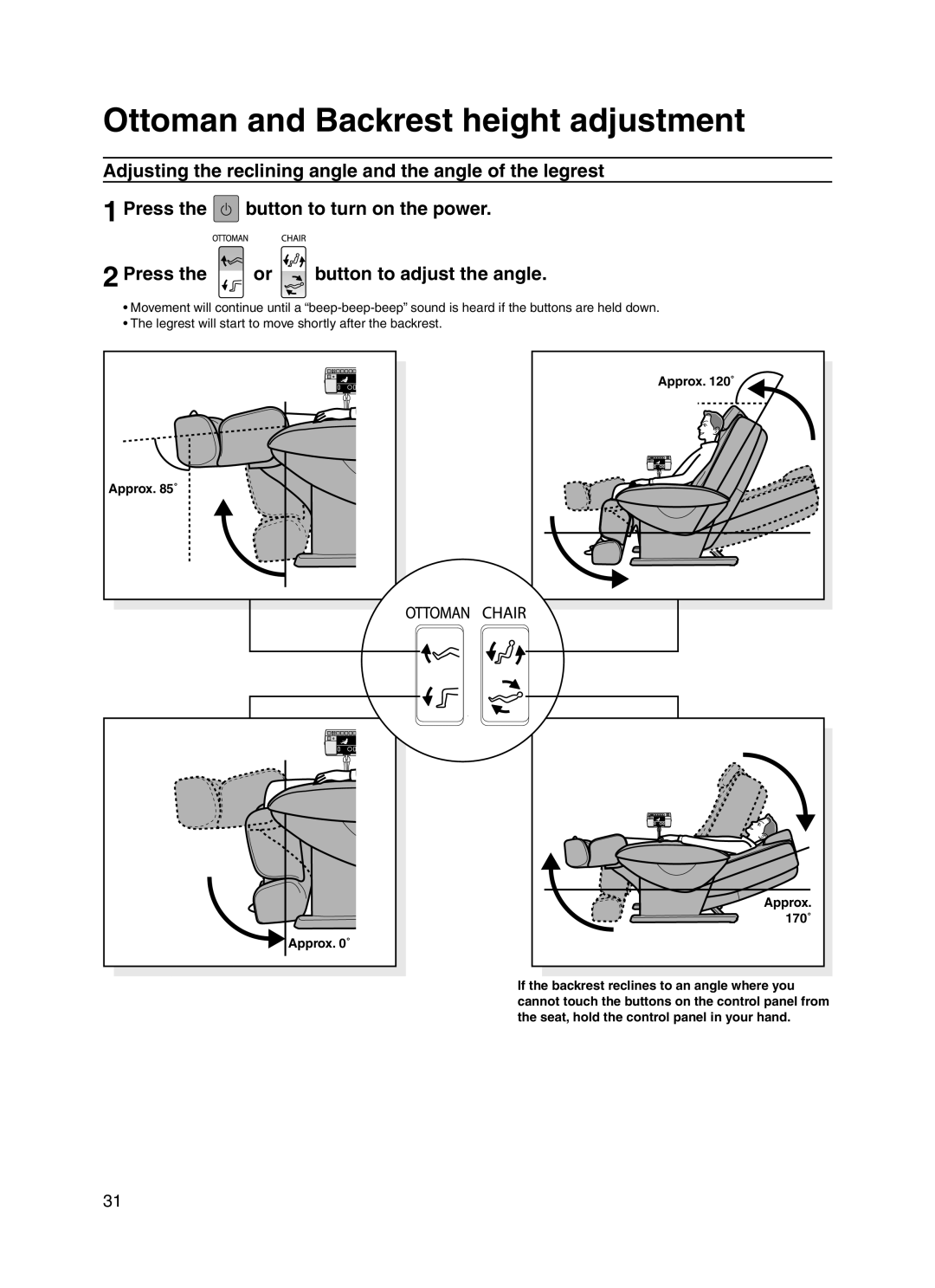 Panasonic 30003 manual Ottoman and Backrest height adjustment, Approx ˚ 