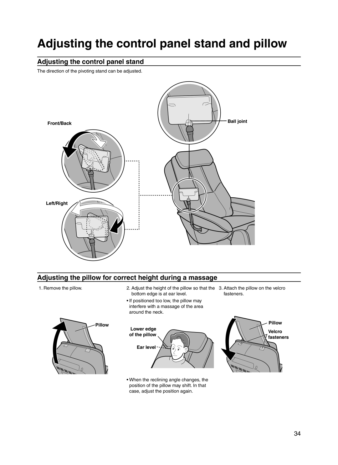 Panasonic 30003 Adjusting the control panel stand and pillow, Adjusting the pillow for correct height during a massage 