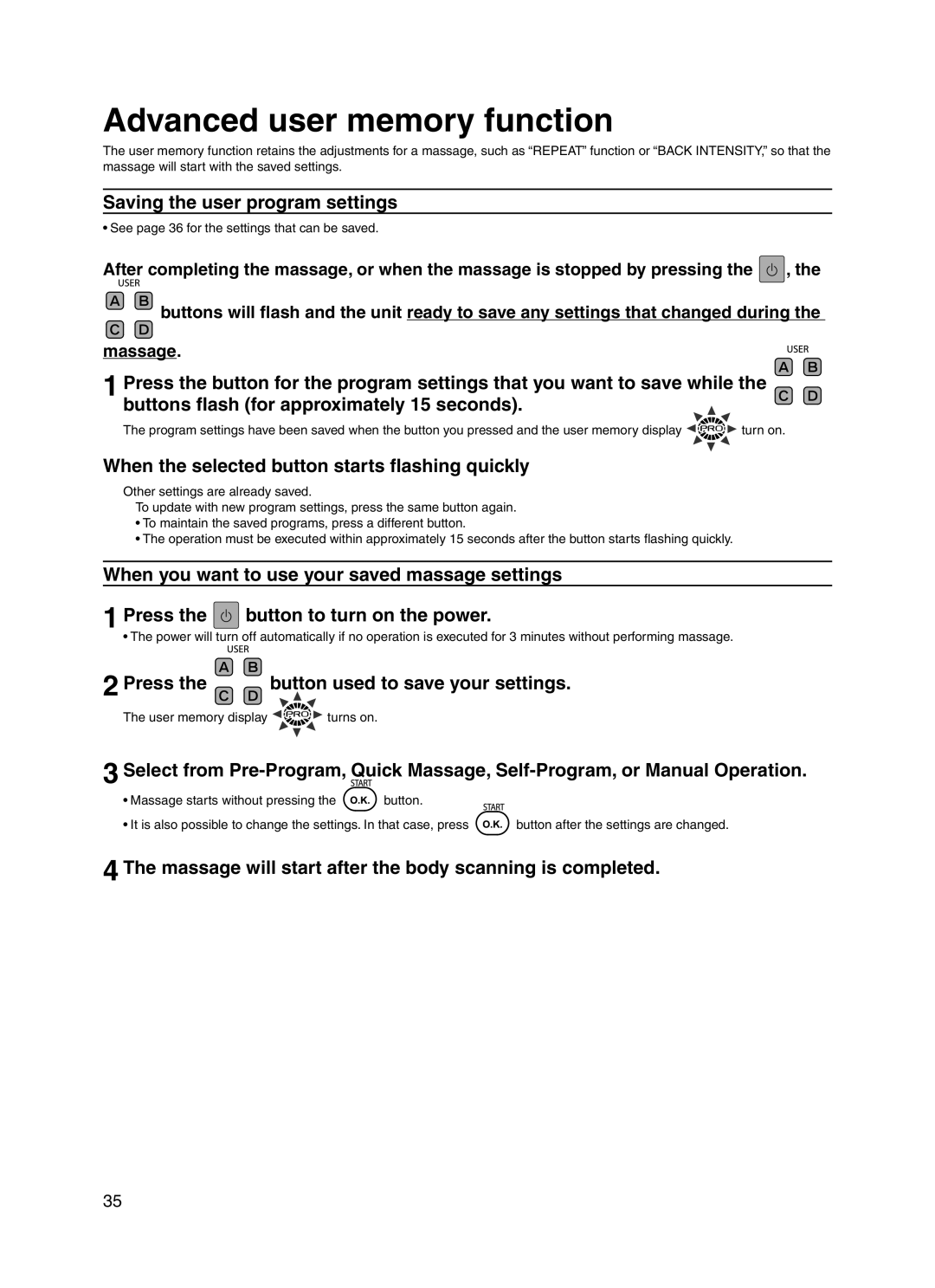 Panasonic 30003 manual Advanced user memory function, Saving the user program settings 