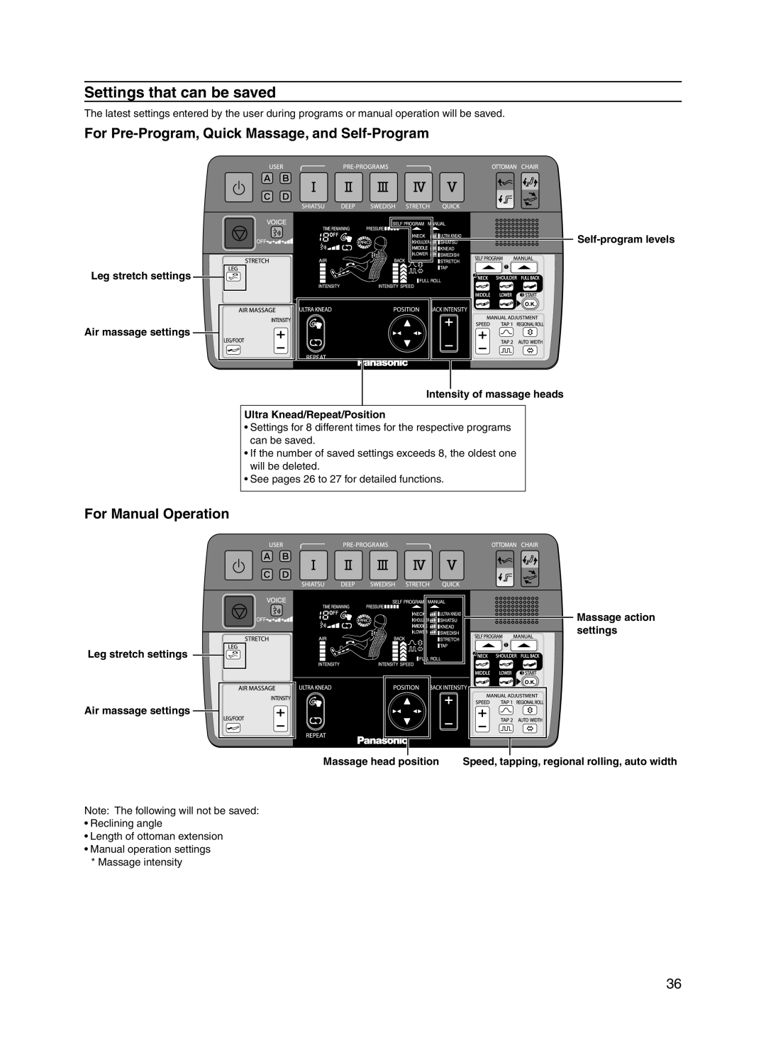 Panasonic 30003 manual Settings that can be saved, For Pre-Program, Quick Massage, and Self-Program, For Manual Operation 