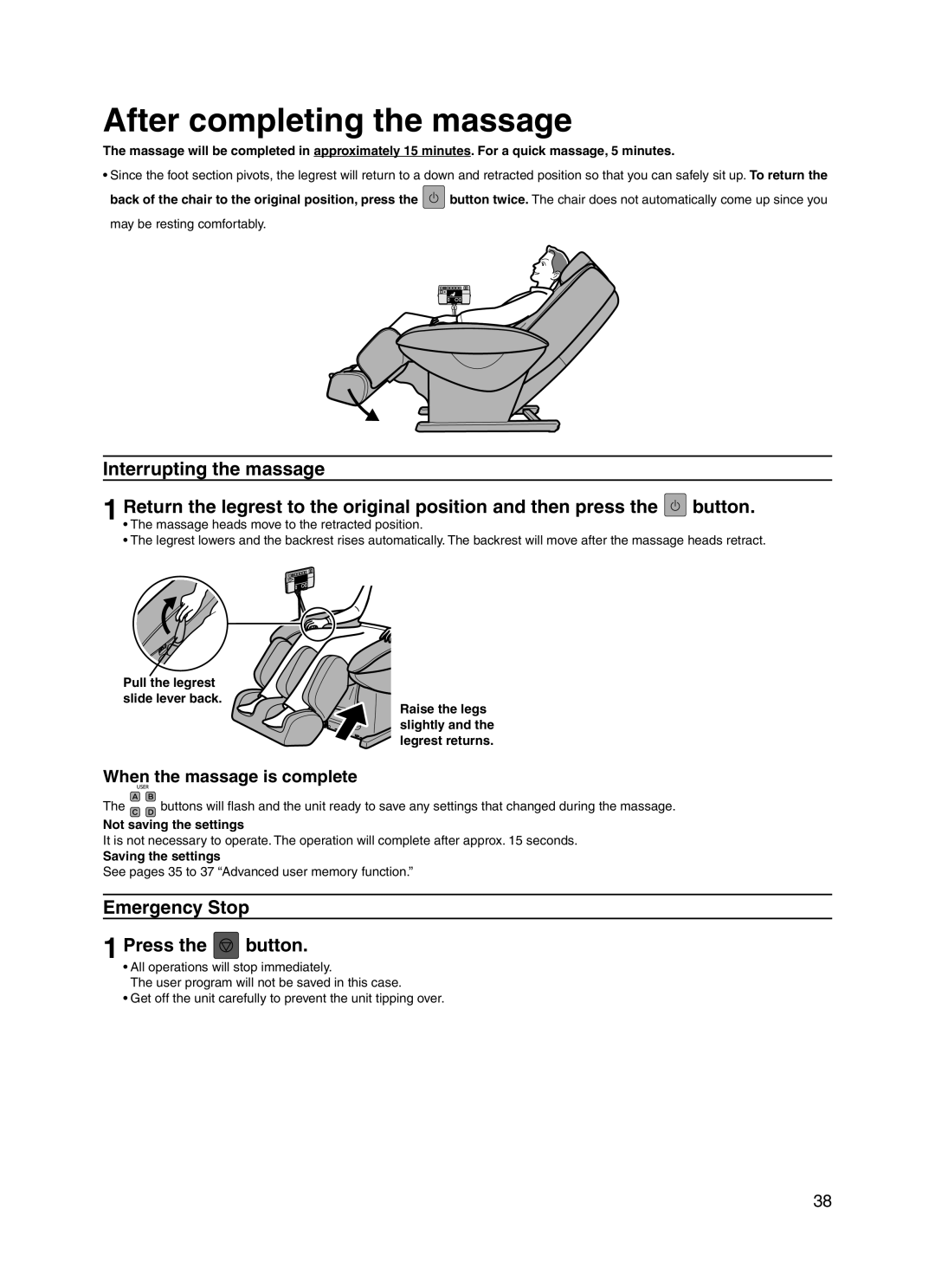 Panasonic 30003 manual After completing the massage, Emergency Stop Press the button, When the massage is complete 