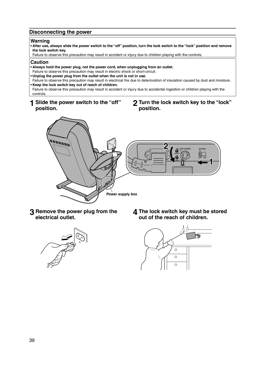 Panasonic 30003 manual Disconnecting the power, Keep the lock switch key out of reach of children 