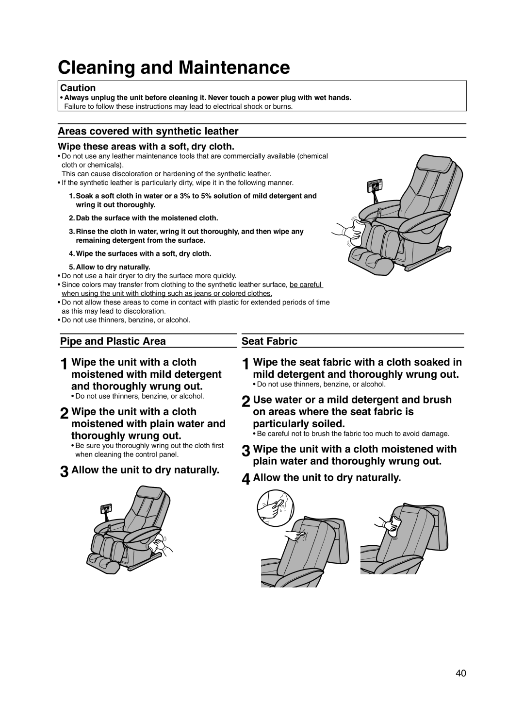 Panasonic 30003 Cleaning and Maintenance, Areas covered with synthetic leather, Wipe these areas with a soft, dry cloth 