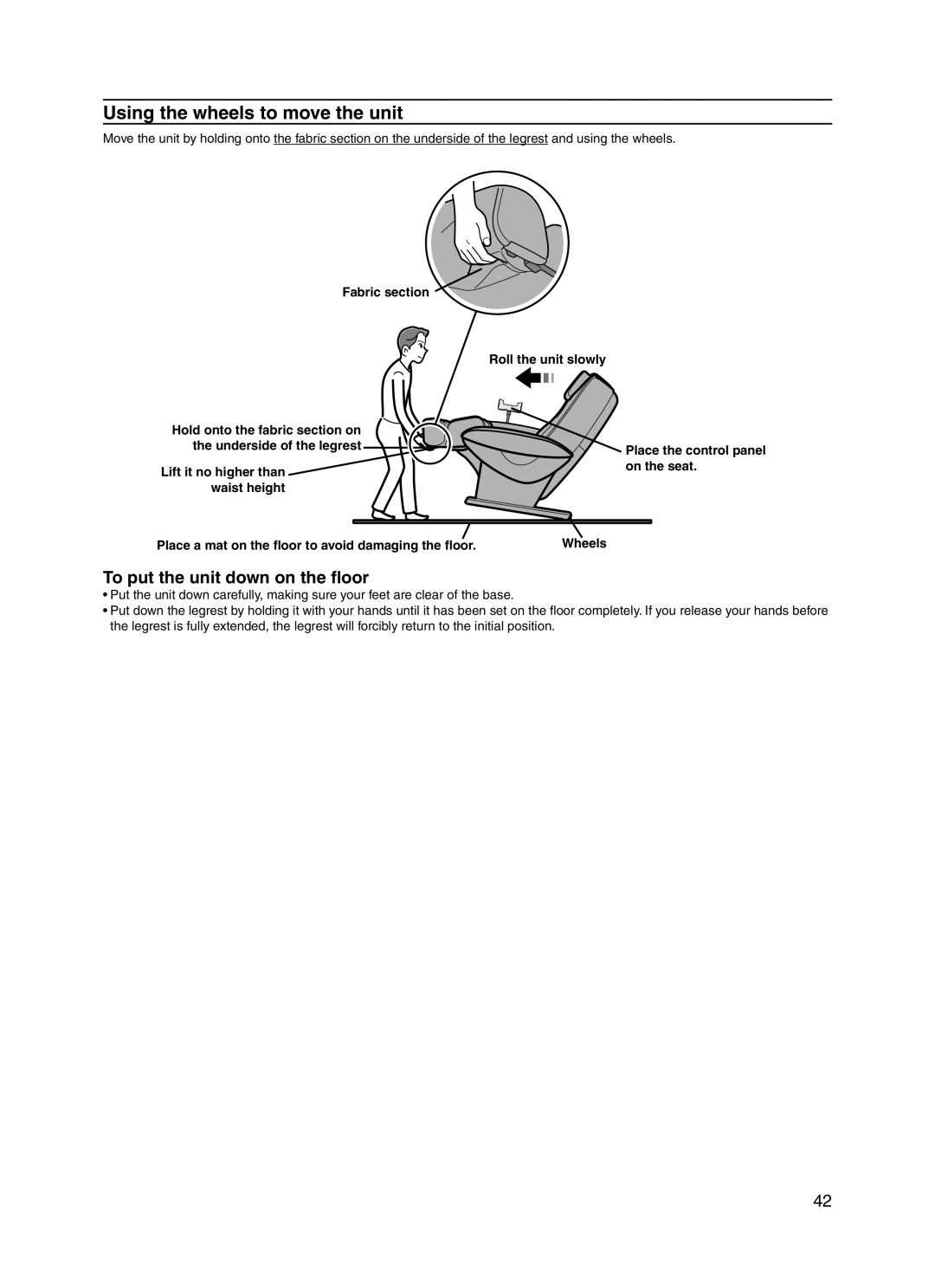 Panasonic 30003 manual Using the wheels to move the unit 