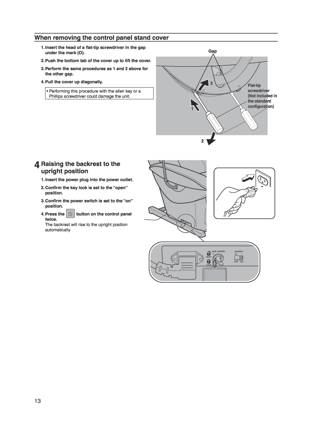 Panasonic 30003 manual When removing the control panel stand cover, Raising the backrest to the upright position 
