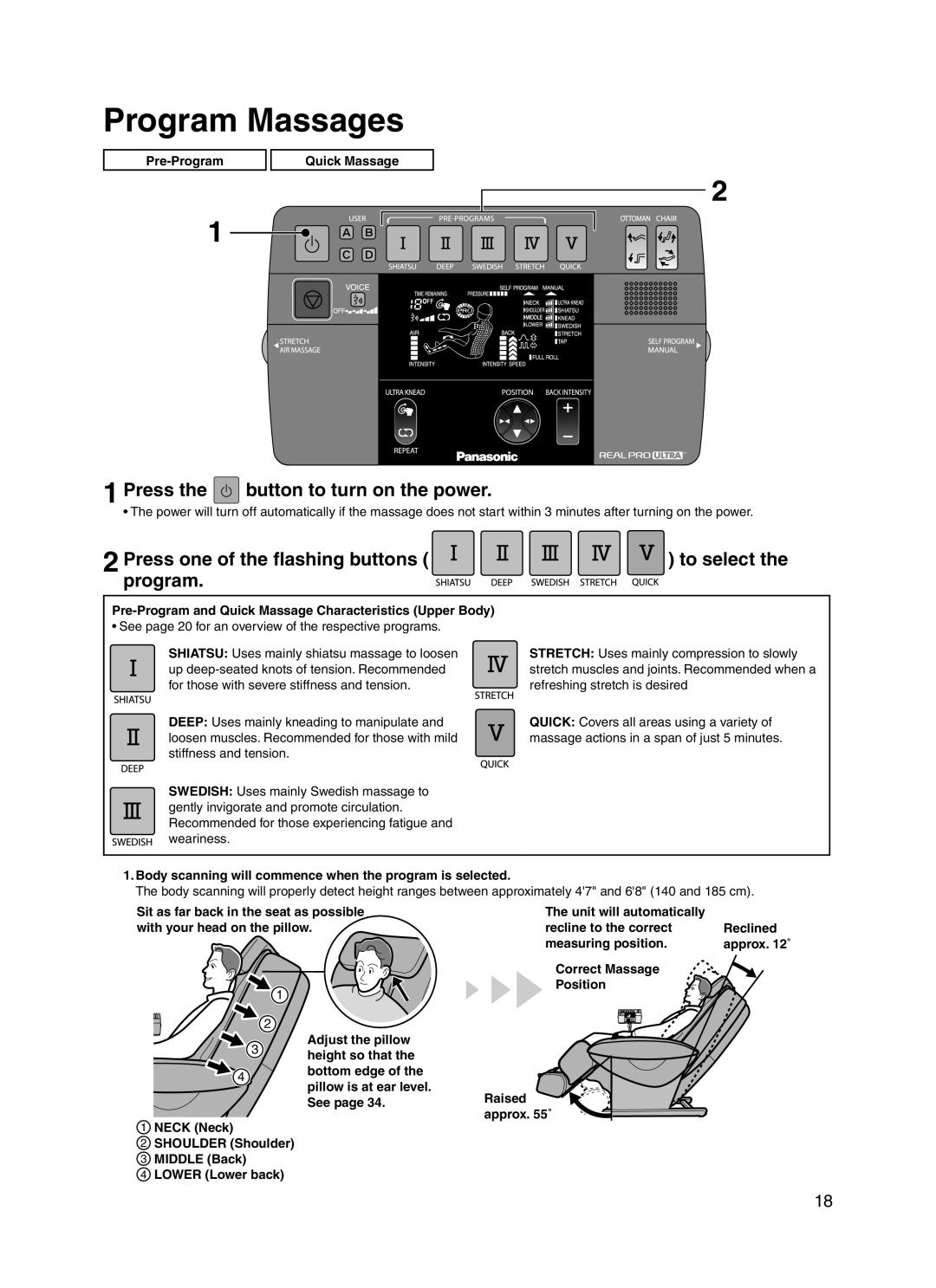 Panasonic 30003 Program Massages, Press the button to turn on the power, Press one of the flashing buttons, to select the 