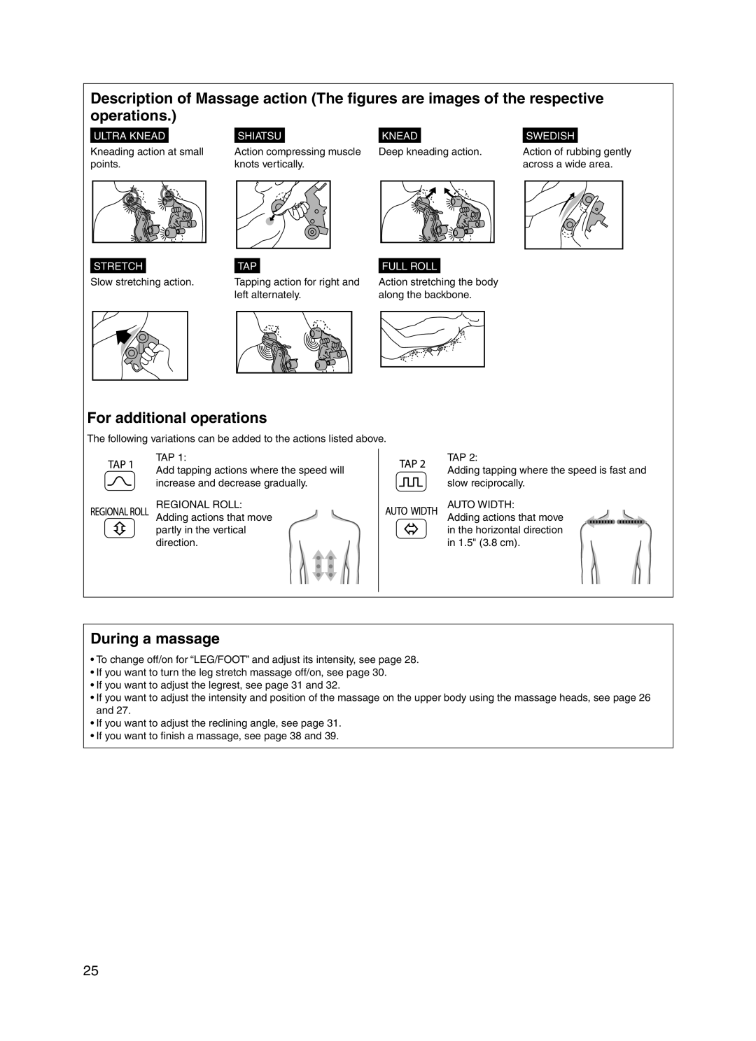 Panasonic 30003 manual For additional operations, During a massage, Ultra Knead, Shiatsu, Swedish, Stretch, Full Roll 
