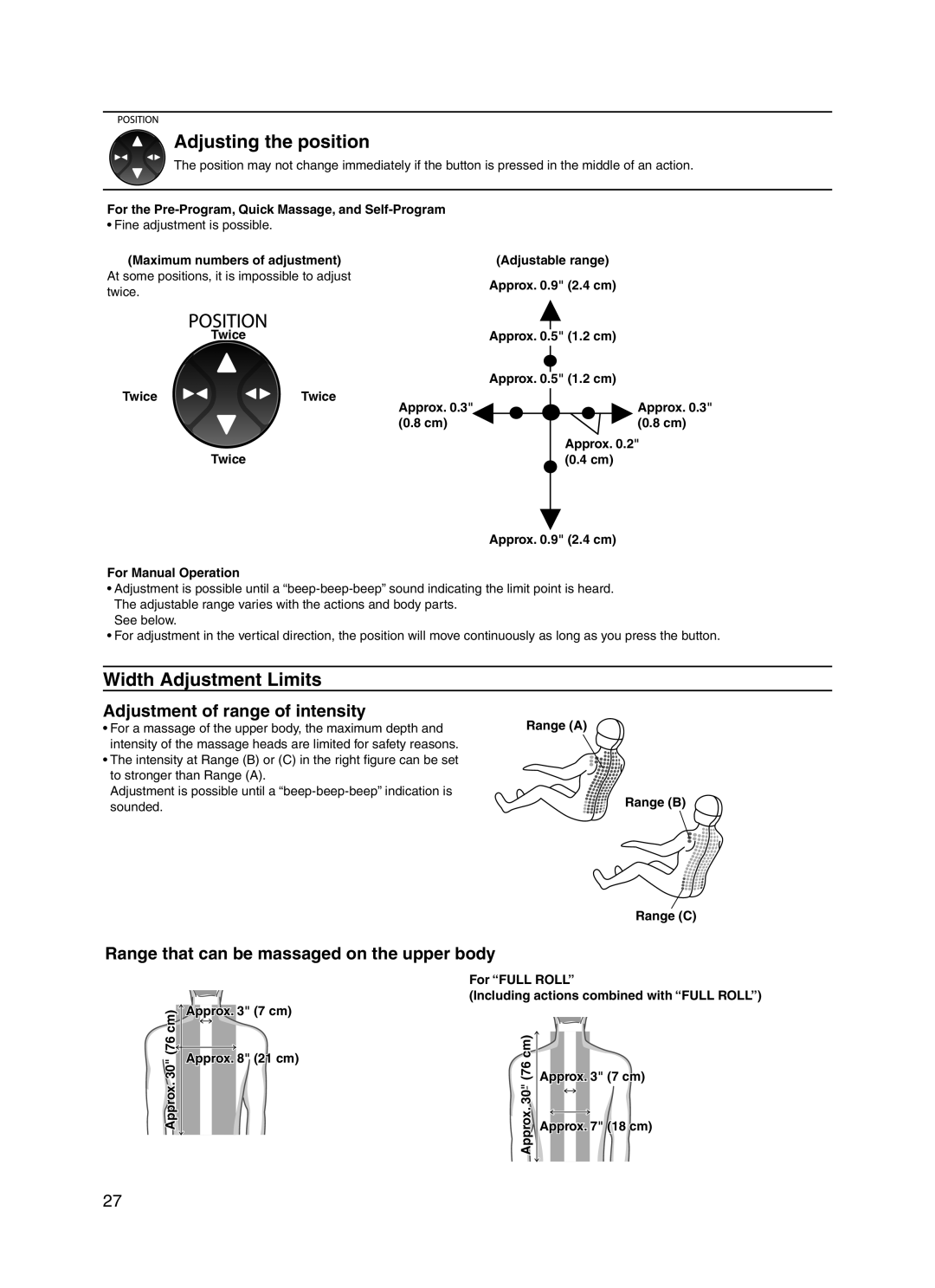Panasonic 30003 manual Adjusting the position, Width Adjustment Limits, Adjustment of range of intensity 