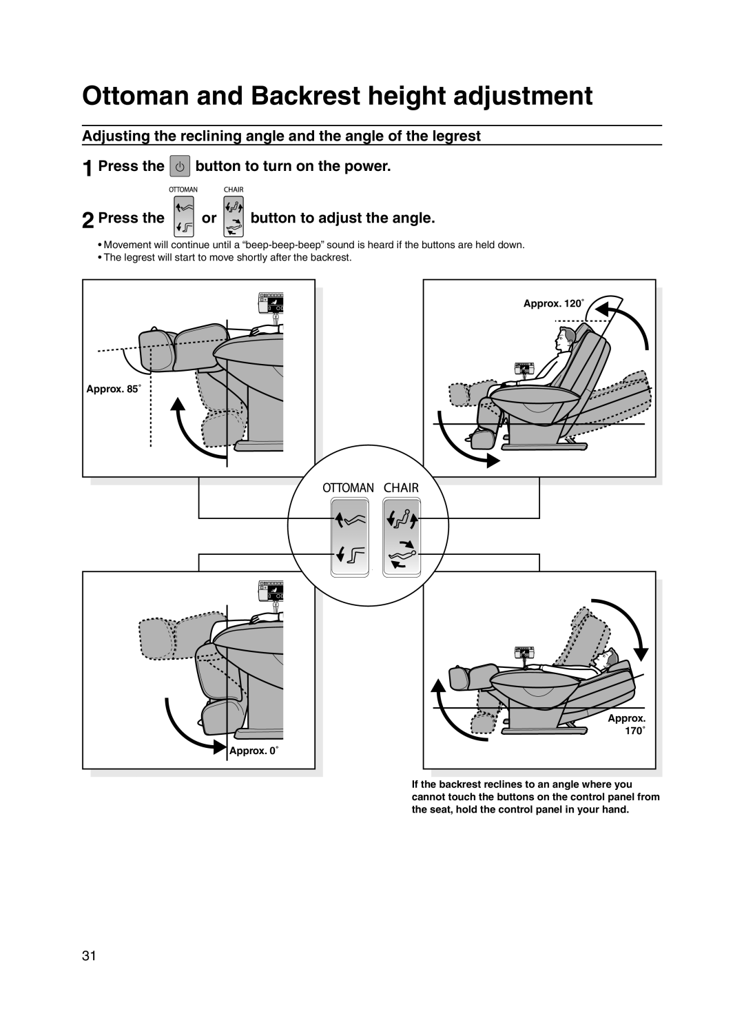 Panasonic 30003 manual Ottoman and Backrest height adjustment, Press the or button to adjust the angle 