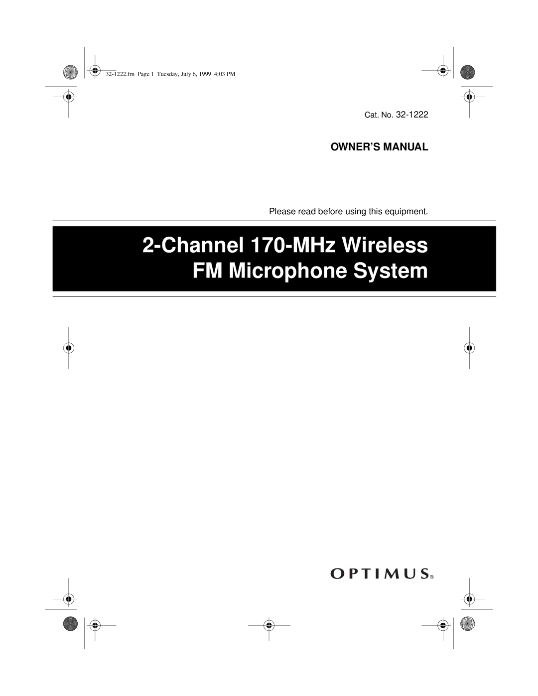 Panasonic 32-1222 owner manual Channel 170-MHz Wireless FM Microphone System 