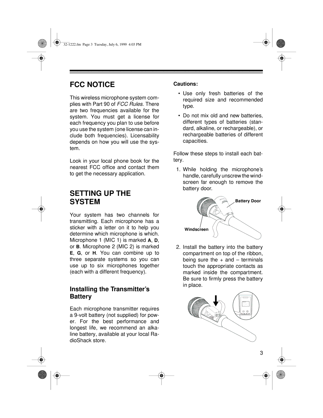 Panasonic 32-1222 owner manual FCC Notice, Setting UP System, Installing the Transmitter’s Battery 