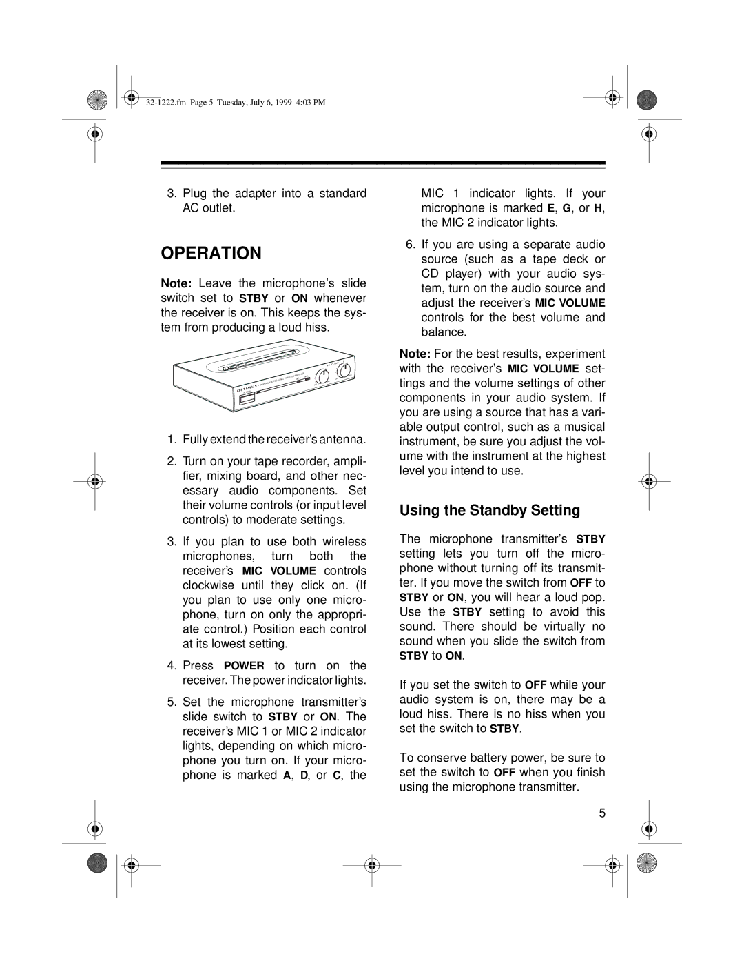 Panasonic 32-1222 owner manual Operation, Using the Standby Setting 