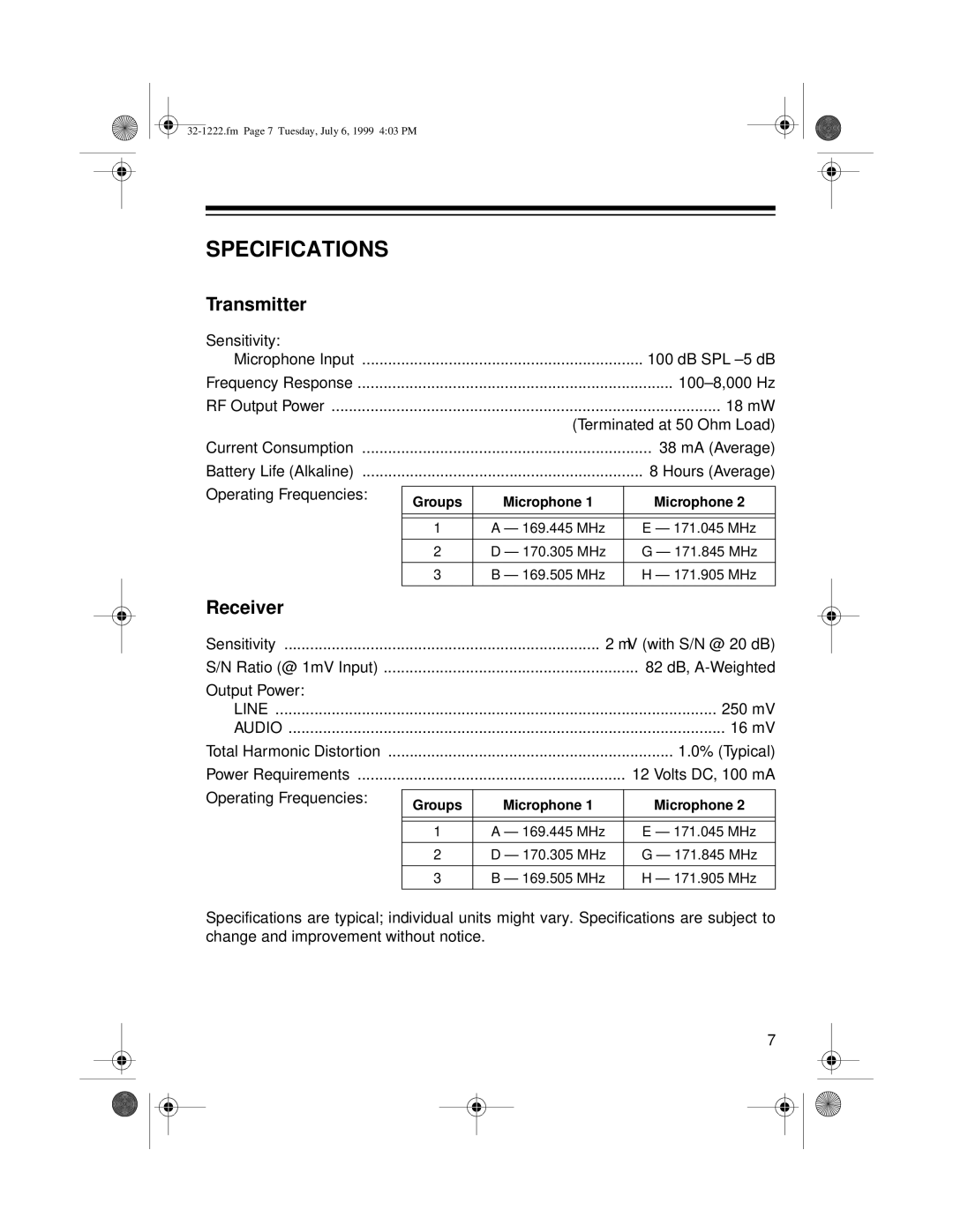 Panasonic 32-1222 owner manual Specifications, Transmitter, Receiver 