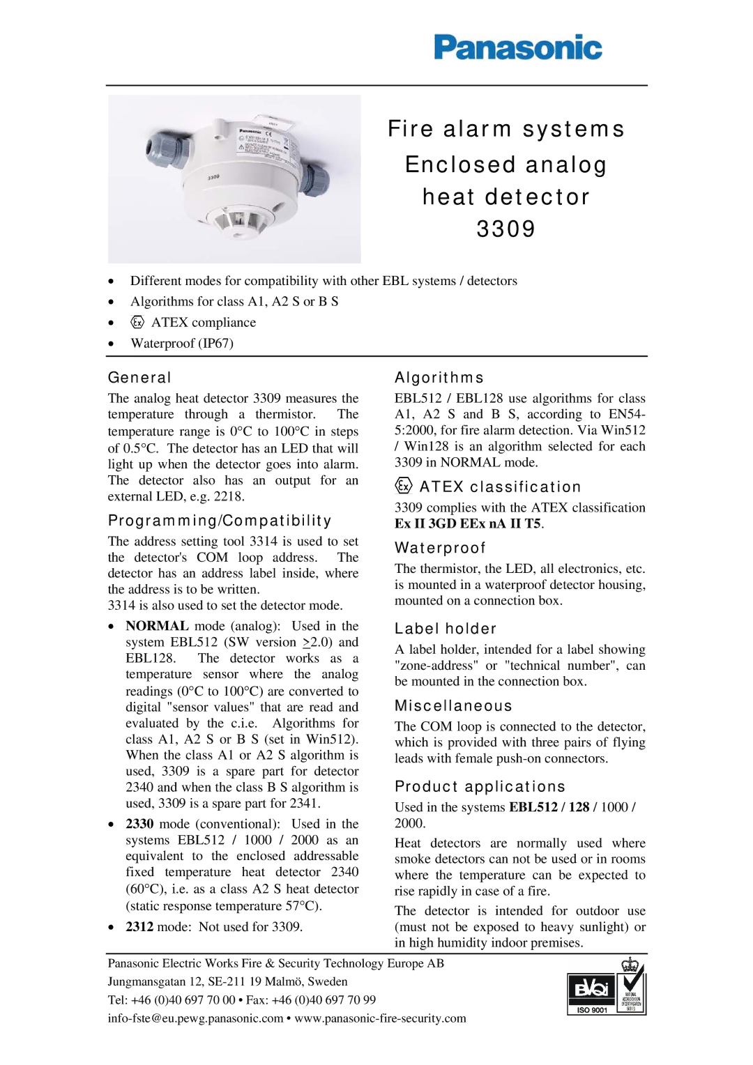 Panasonic manual Fire alarm systems Enclosed analog Heat detector 3309 