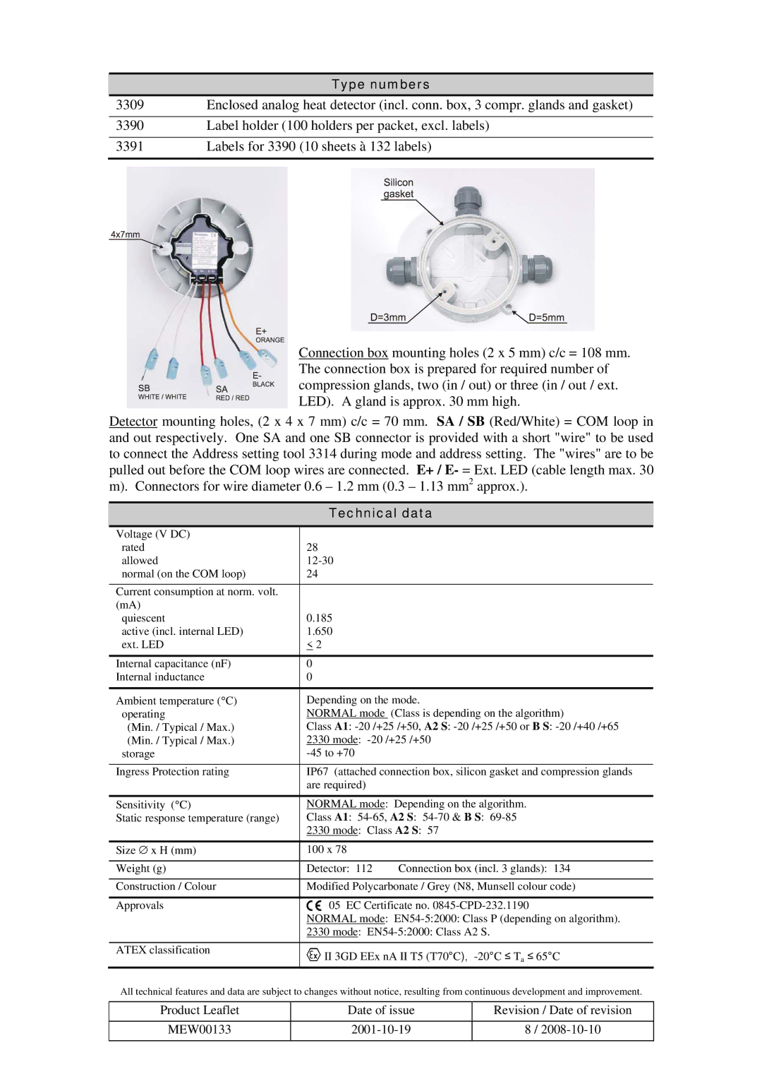 Panasonic 3309 manual Type numbers, Technical data 