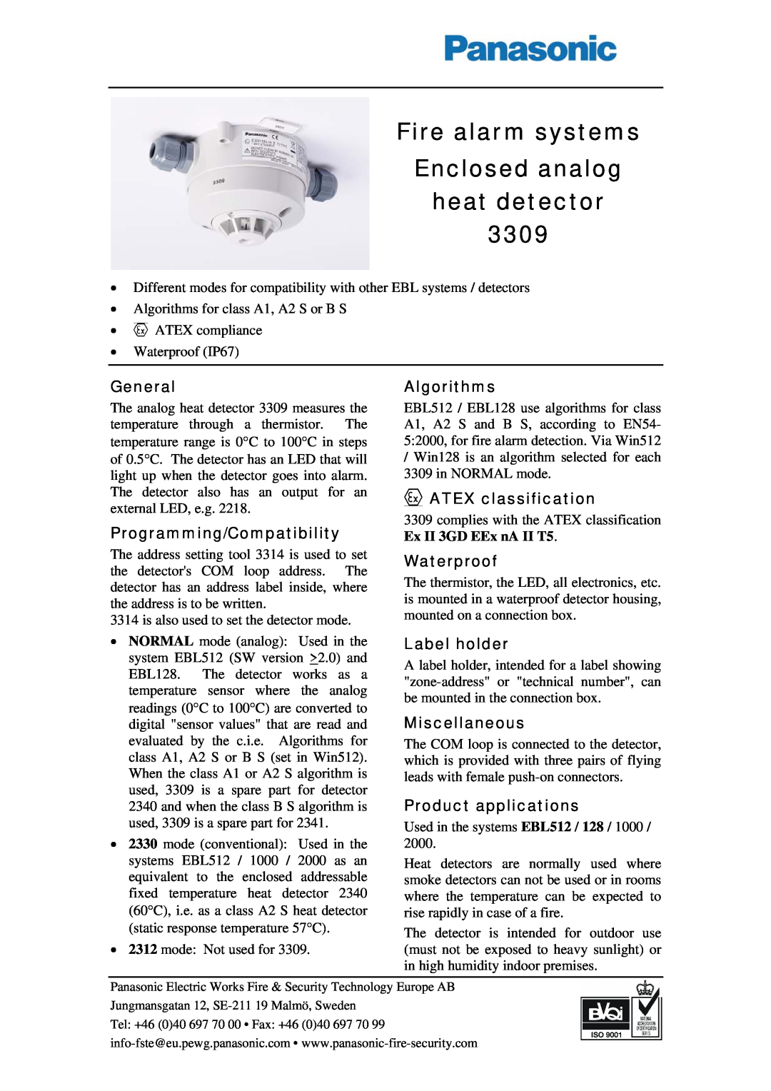 Panasonic 3309 manual Fire alarm systems Enclosed analog heat detector, General, Programming/Compatibility, Algorithms 