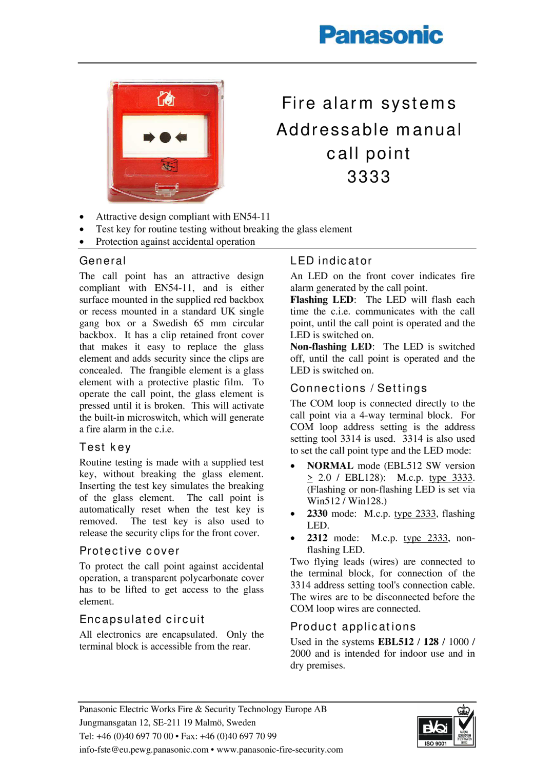 Panasonic manual Fire alarm systems Addressable manual Call point 3333 