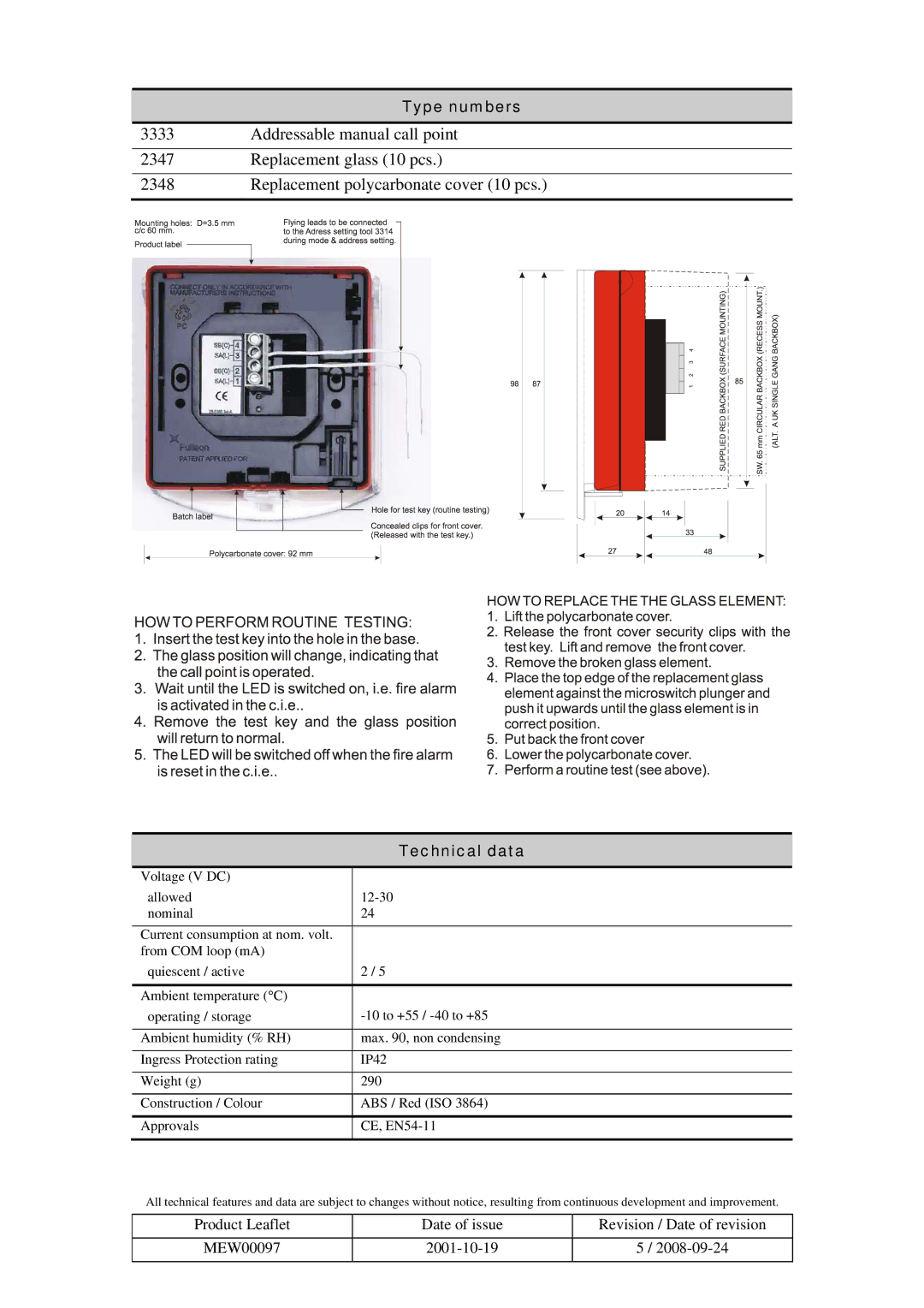 Panasonic 3333 manual Type numbers, Technical data 