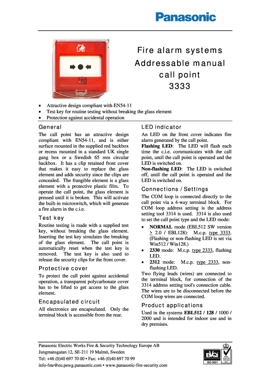 Panasonic 3333 manual Fire alarm systems Addressable manual call point, General, Test key, Protective cover, LED indicator 