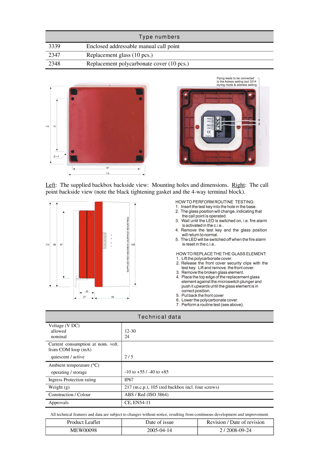 Panasonic 3339 manual Type numbers, Technical data 